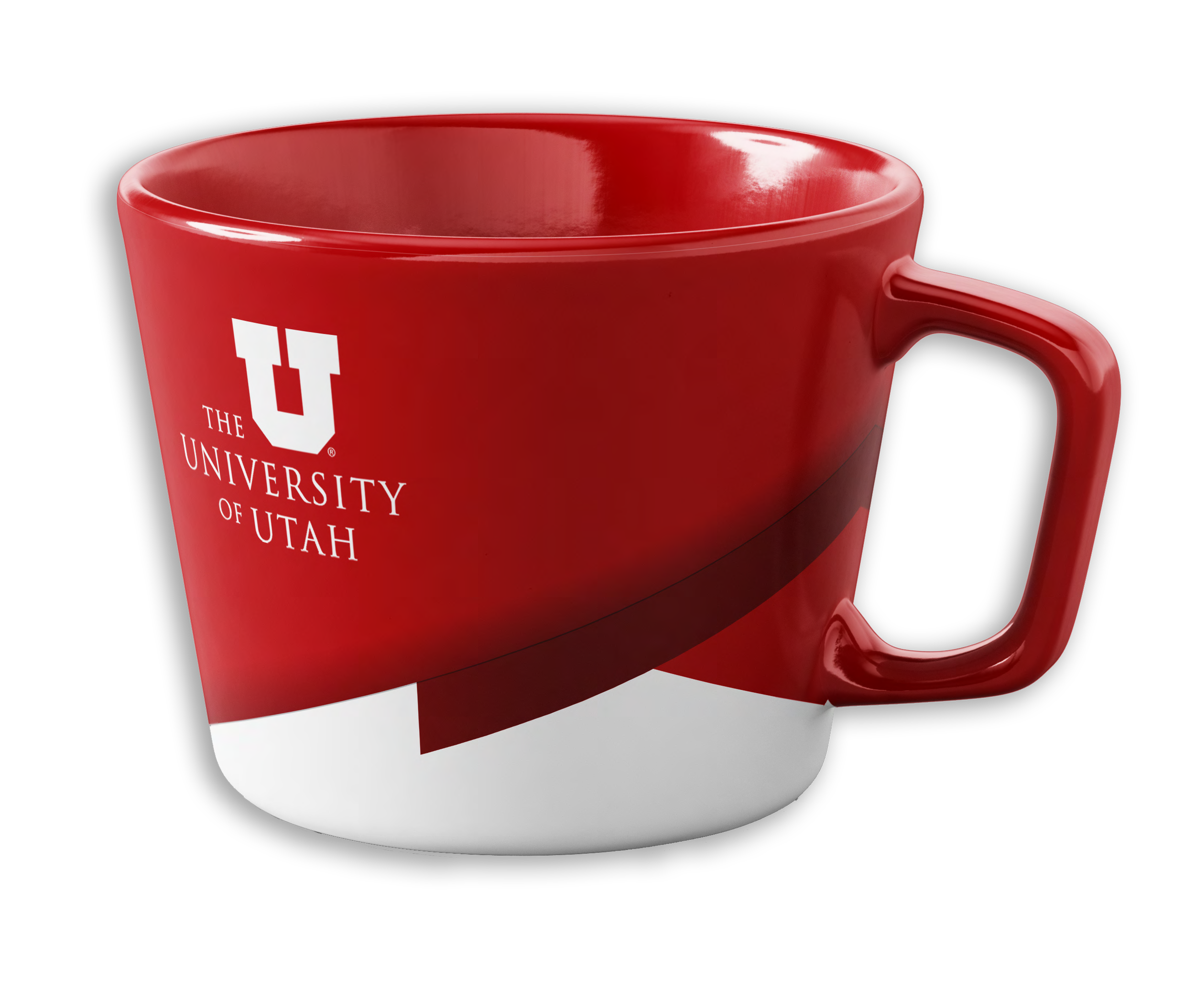 Red University of Utah mug with white logo and black background.