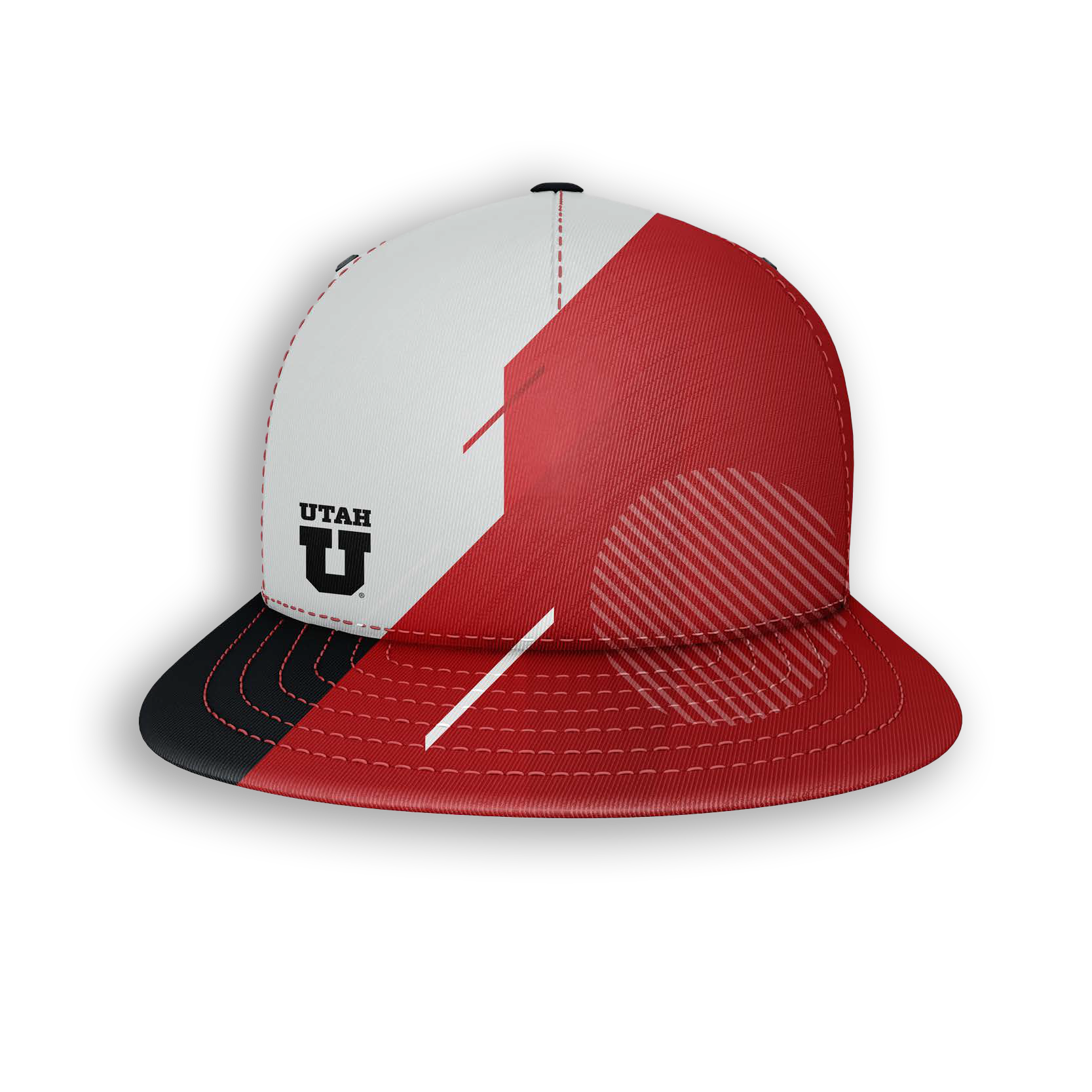 A trucker-style cap with a color block design featuring white, red, and black sections, the University of Utah logo on the white part, and red and white stitching on the brim.