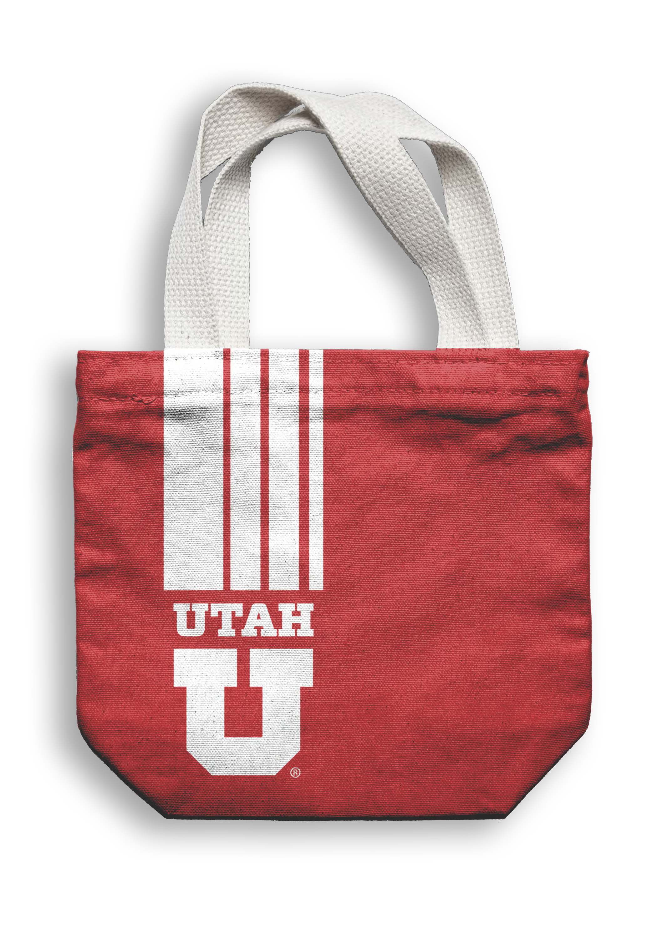 Red tote bag with white handles, featuring the Utah Utes logo and text in white, on a black background.