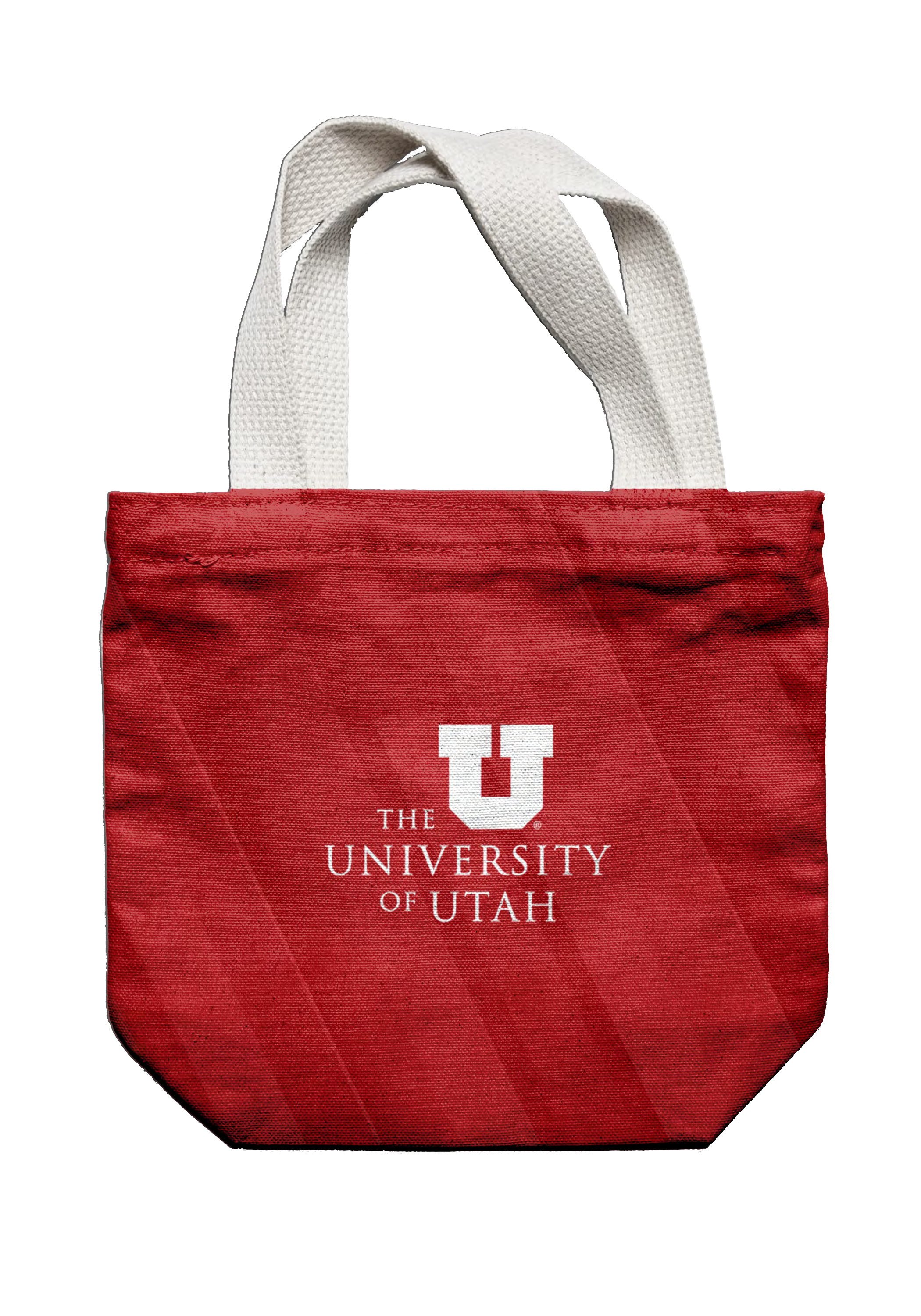 Red tote bag with white handles and the University of Utah logo and text in white on the front.