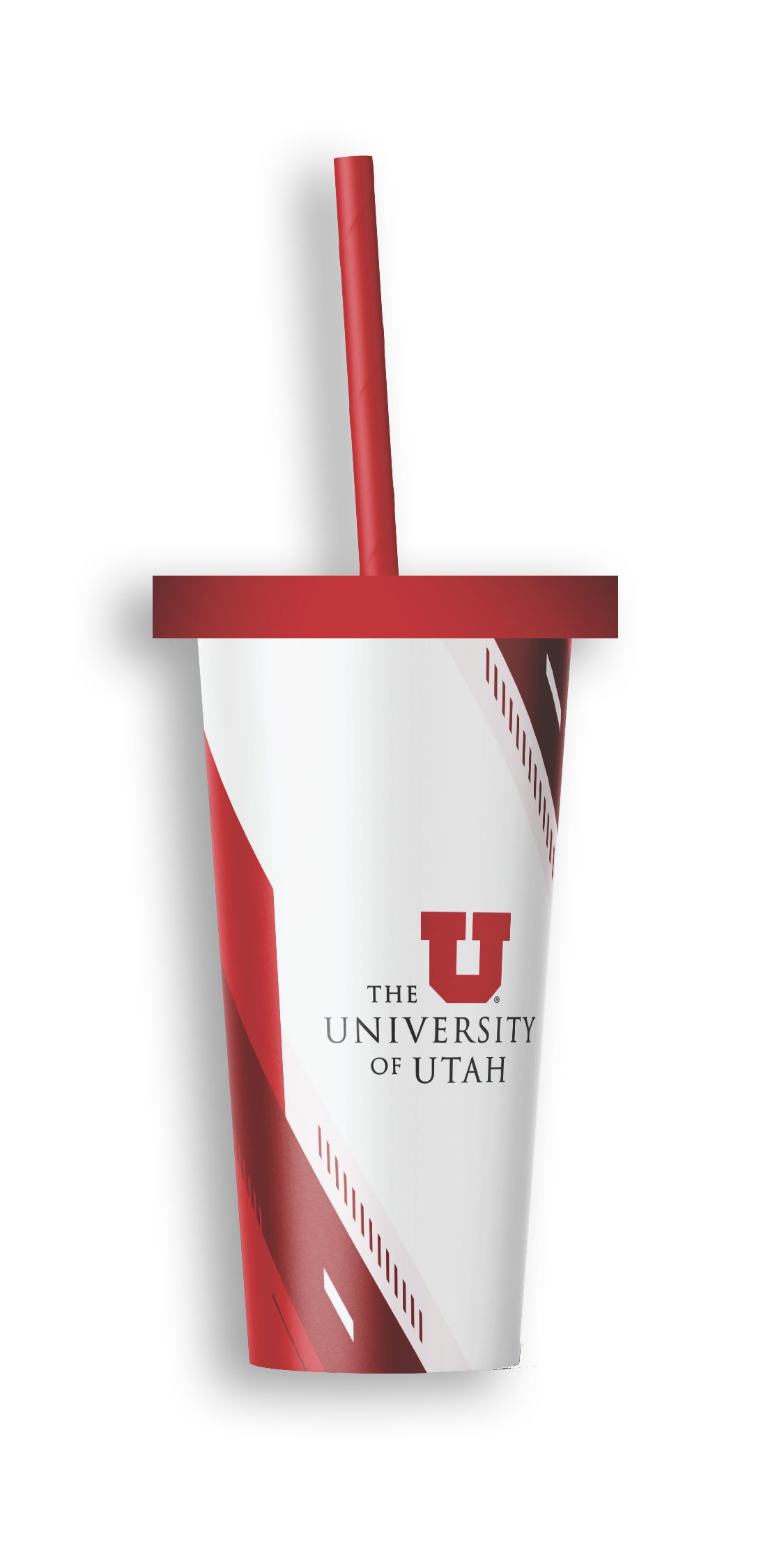 A disposable cup with a lid and straw, featuring the logo and branding of the University of Utah, with red and white colors on a black background.