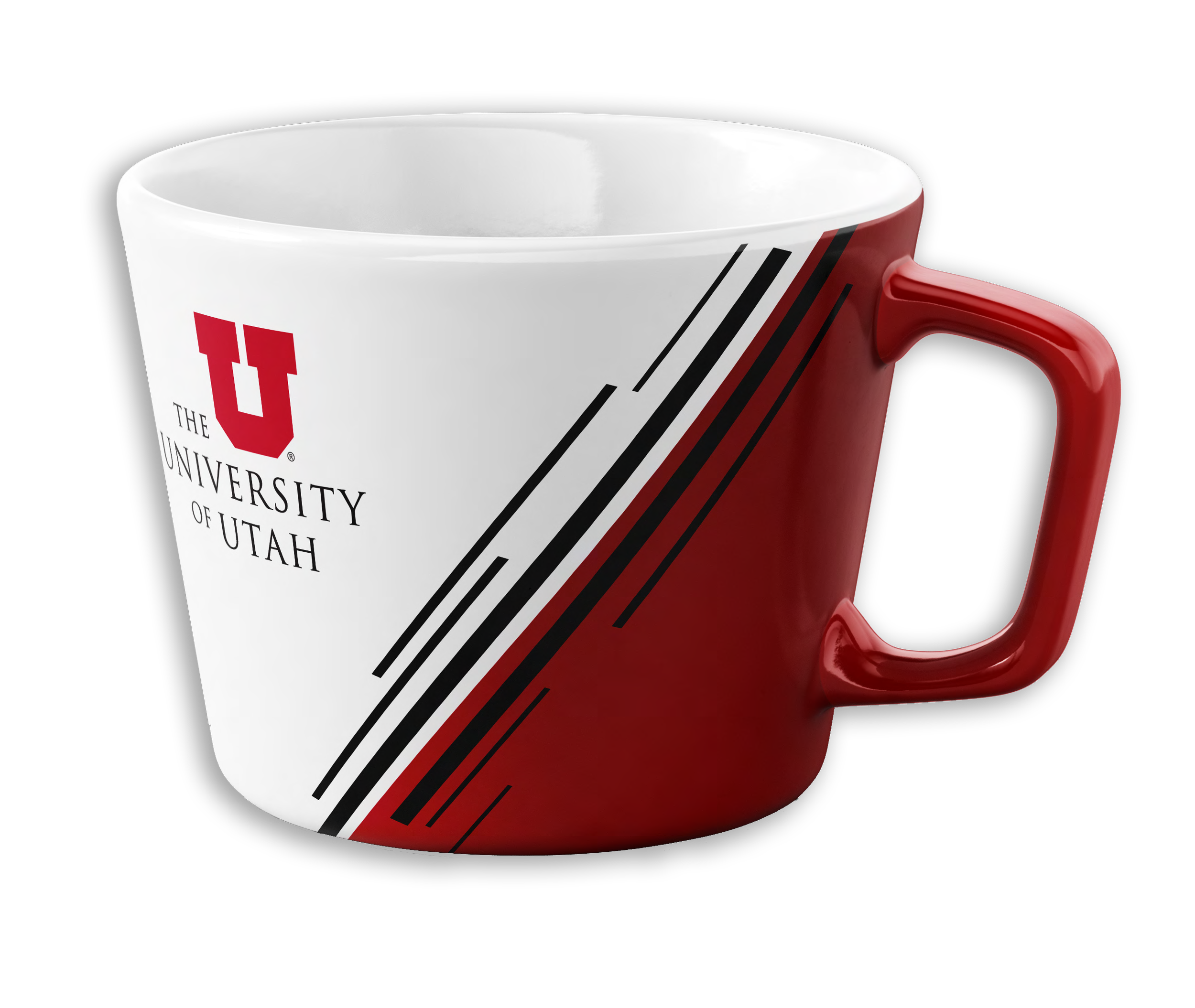 University of Utah branded mug with red, white, and black stripes on a black background.