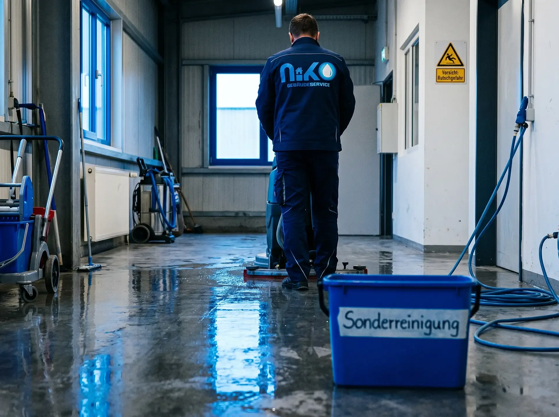 Fachgerechte Sonderreinigung eines Industriebodens durch Niko Gebäudeservice: Einsatz von modernen Reinigungsmaschinen auf einer glänzenden Oberfläche für tiefenreine Sauberkeit.