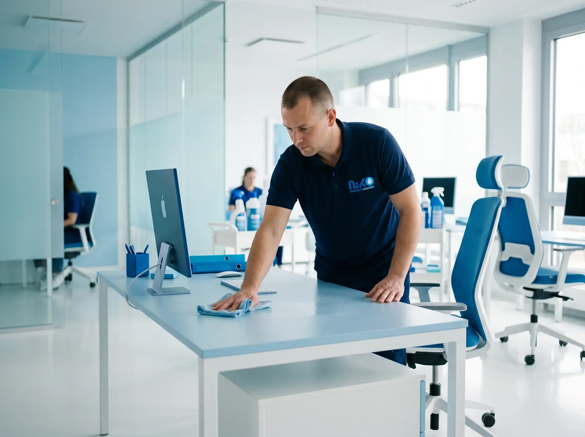 Professionelle Unterhaltsreinigung in einem Büro in Bielefeld: Reinigungskraft in blauer Arbeitskleidung wischt gründlich einen Schreibtisch, Fokus auf Sauberkeit und Werterhalt.