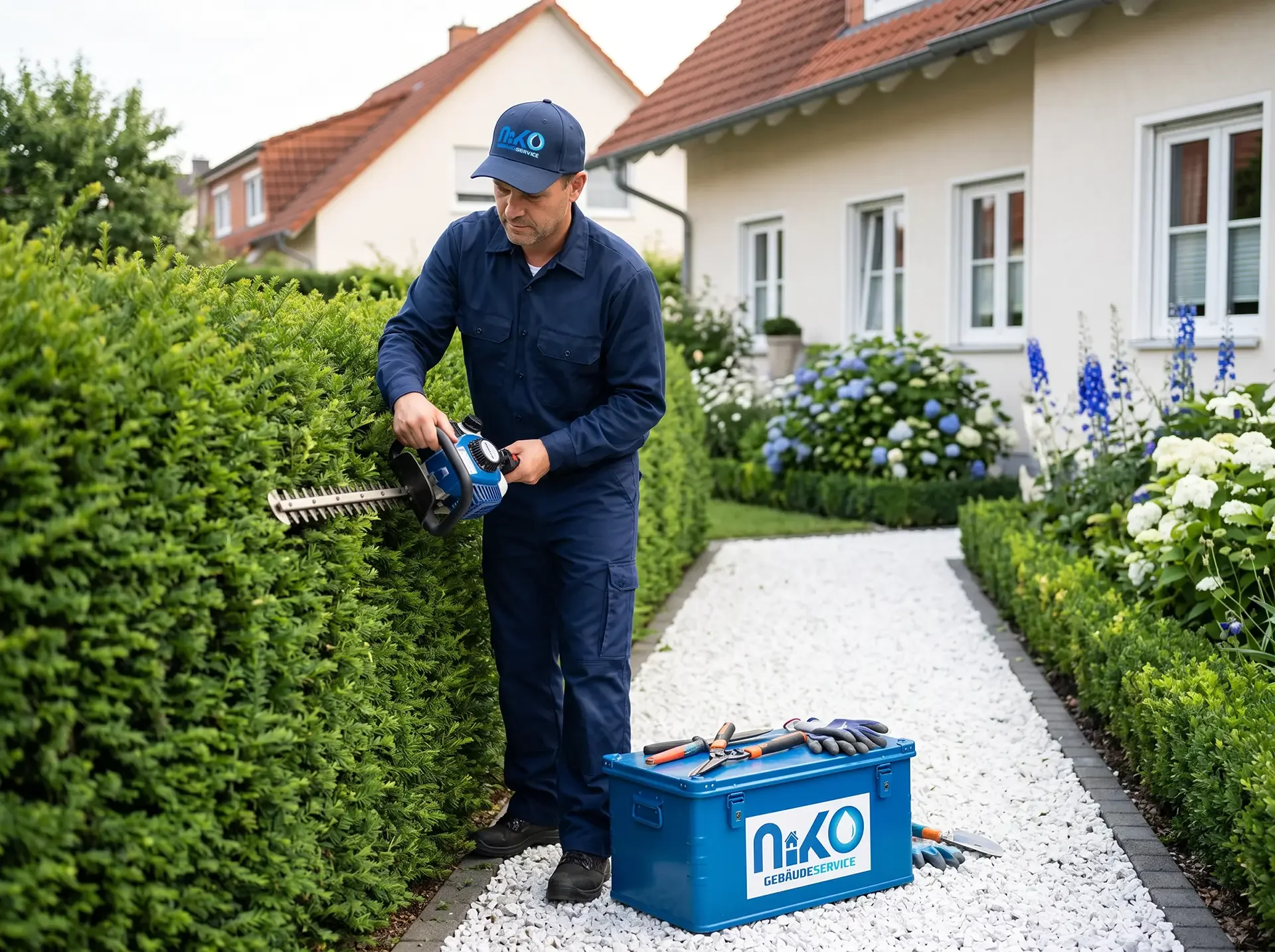 Professionelle Gartenpflege und Außenanlagenbetreuung: Gärtner in blauer Firmenkleidung beim präzisen Heckenschnitt für ein repräsentatives Immobilienbild.