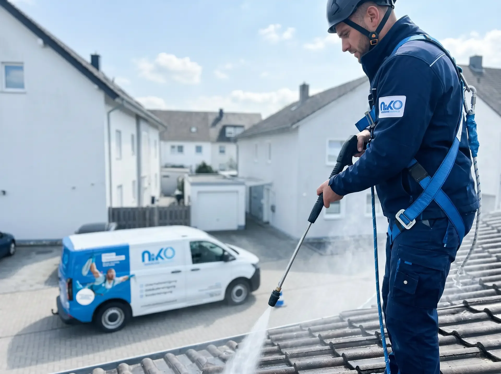 Spezialisierte Dachreinigung durch einen Experten in Schutzausrüstung; im Hintergrund ist das gebrandete Firmenfahrzeug des Niko Gebäudeservice sichtbar.