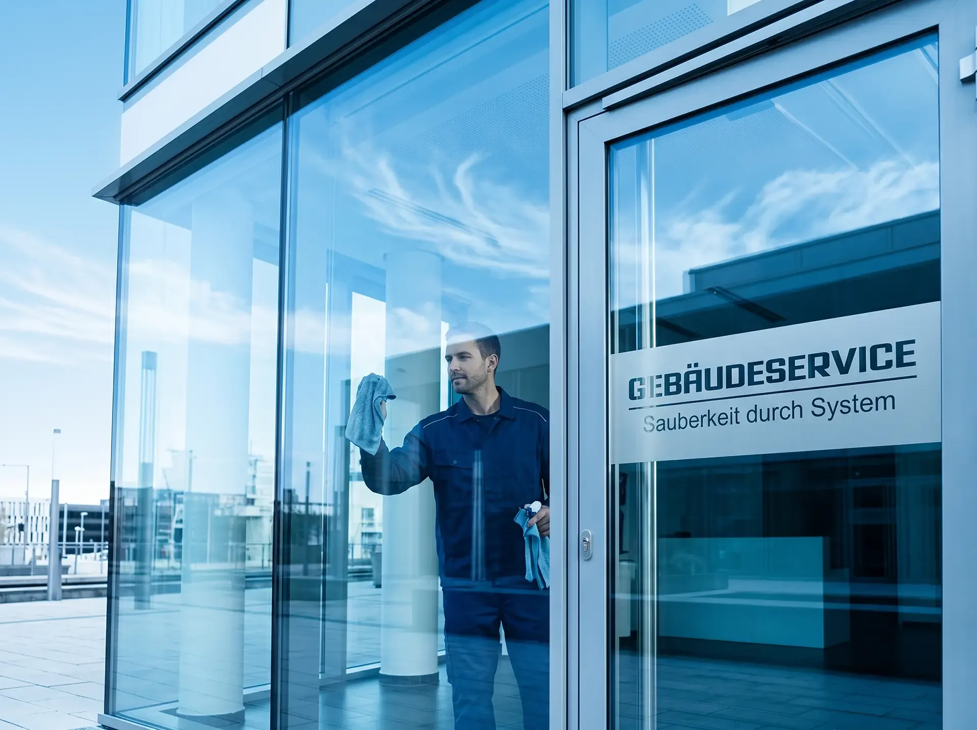 Glas- und Fassadenreinigung an einem modernen Bürogebäude: Ein Gebäudereiniger sorgt für streifenfreien Durchblick und eine gepflegte Objektoptik.