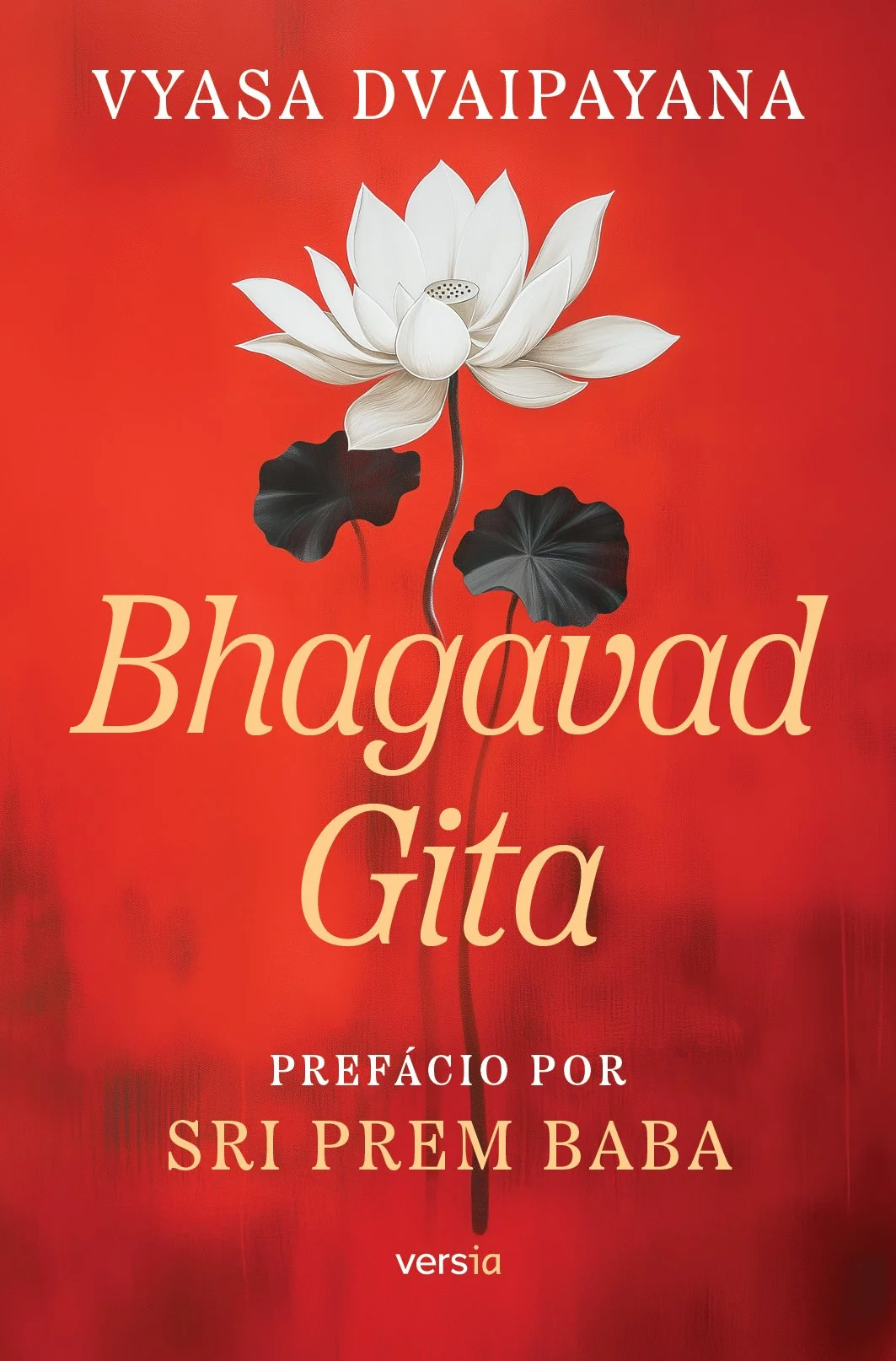 Capa do livro 'Bhagavad Gita' com fundo vermelho, uma flor de lótus branca e preta e o título em destaque.