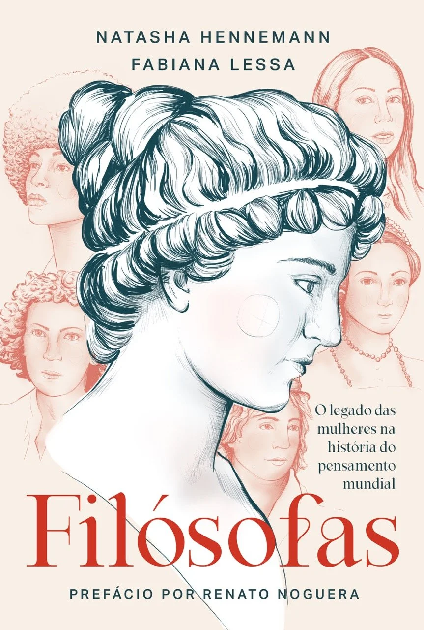 Capa do livro com ilustrações de várias mulheres, destacando uma mulher com cabelo_cone, e o título "Filósofas".