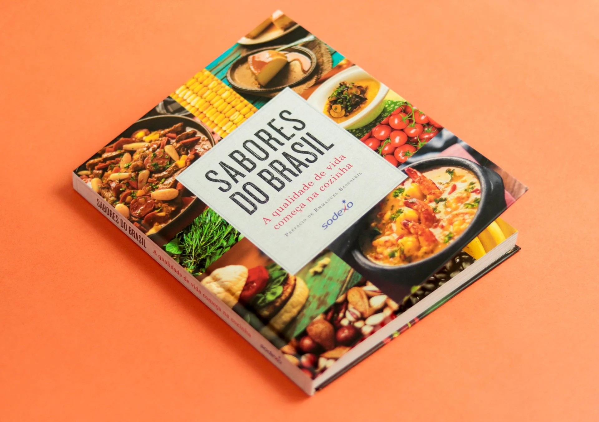 Livro com capa colorida sobre sabores do Brasil, apresentando imagens de pratos típicos, ingredientes como milho, tomates, feijão, e ervas, sobre fundo laranja.