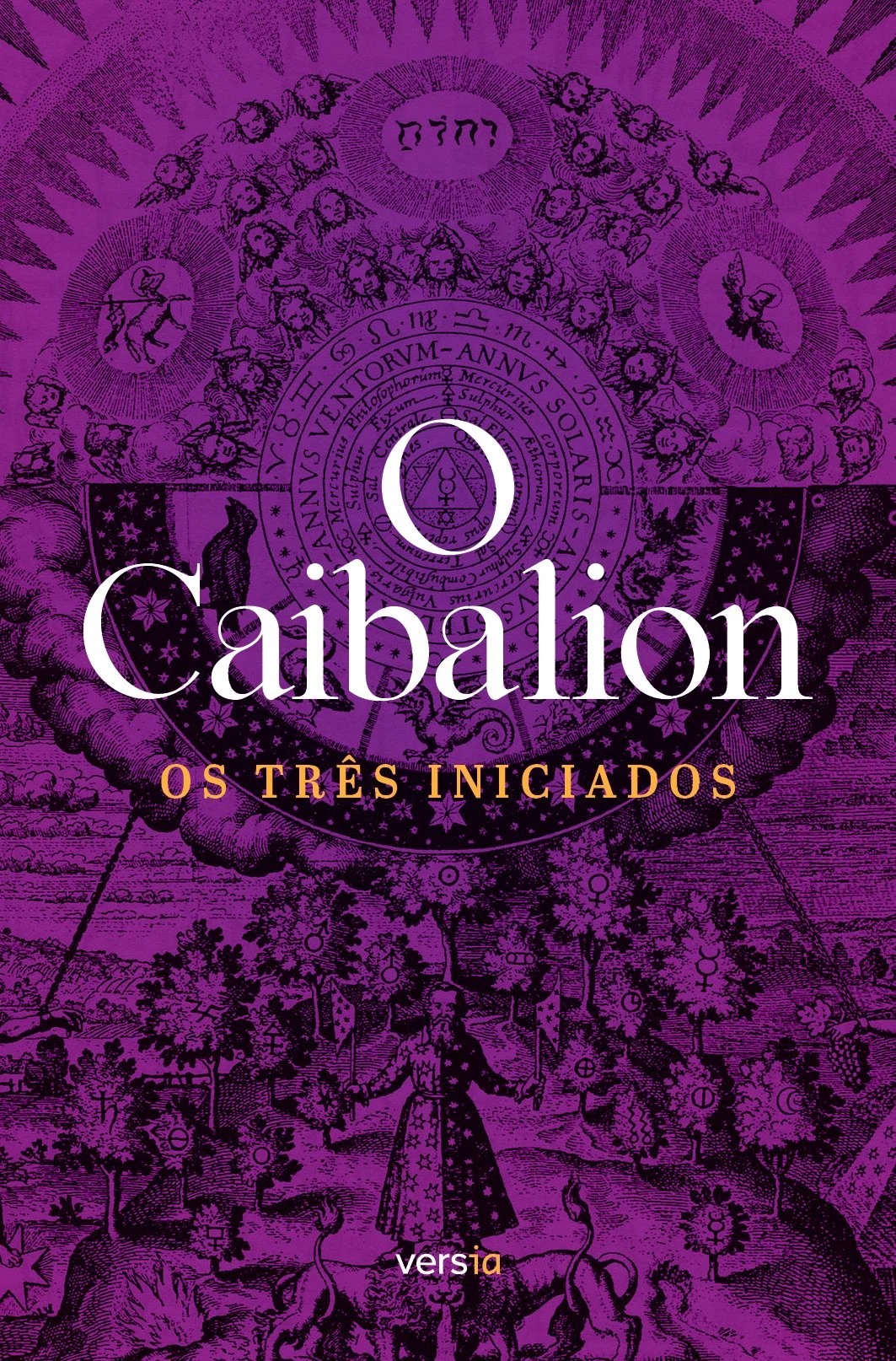 Capa do livro "Caibalion: Os Três Iniciados" com fundo roxo e ilustrações herméticas e astrológicas.