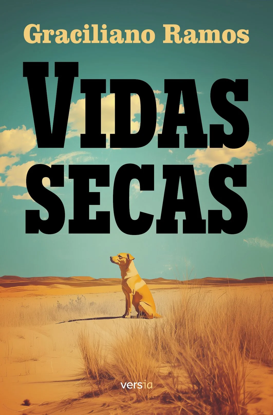 Capa do livro "Vidas Secas" de Graciliano Ramos, mostrando um cachorro sentado em um ambiente de deserto com céu azul e nuvens brancas.