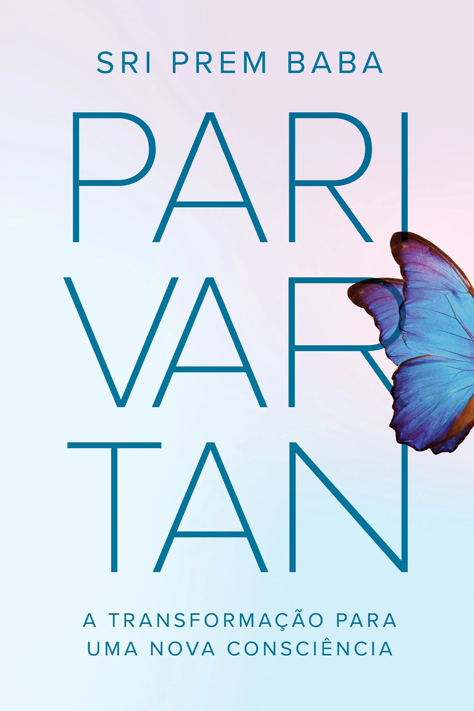 Capa do livro 'Parvartan' de Sri Prem Baba, com título em letras azuis em fundo claro, e uma borboleta azul na borda direita.