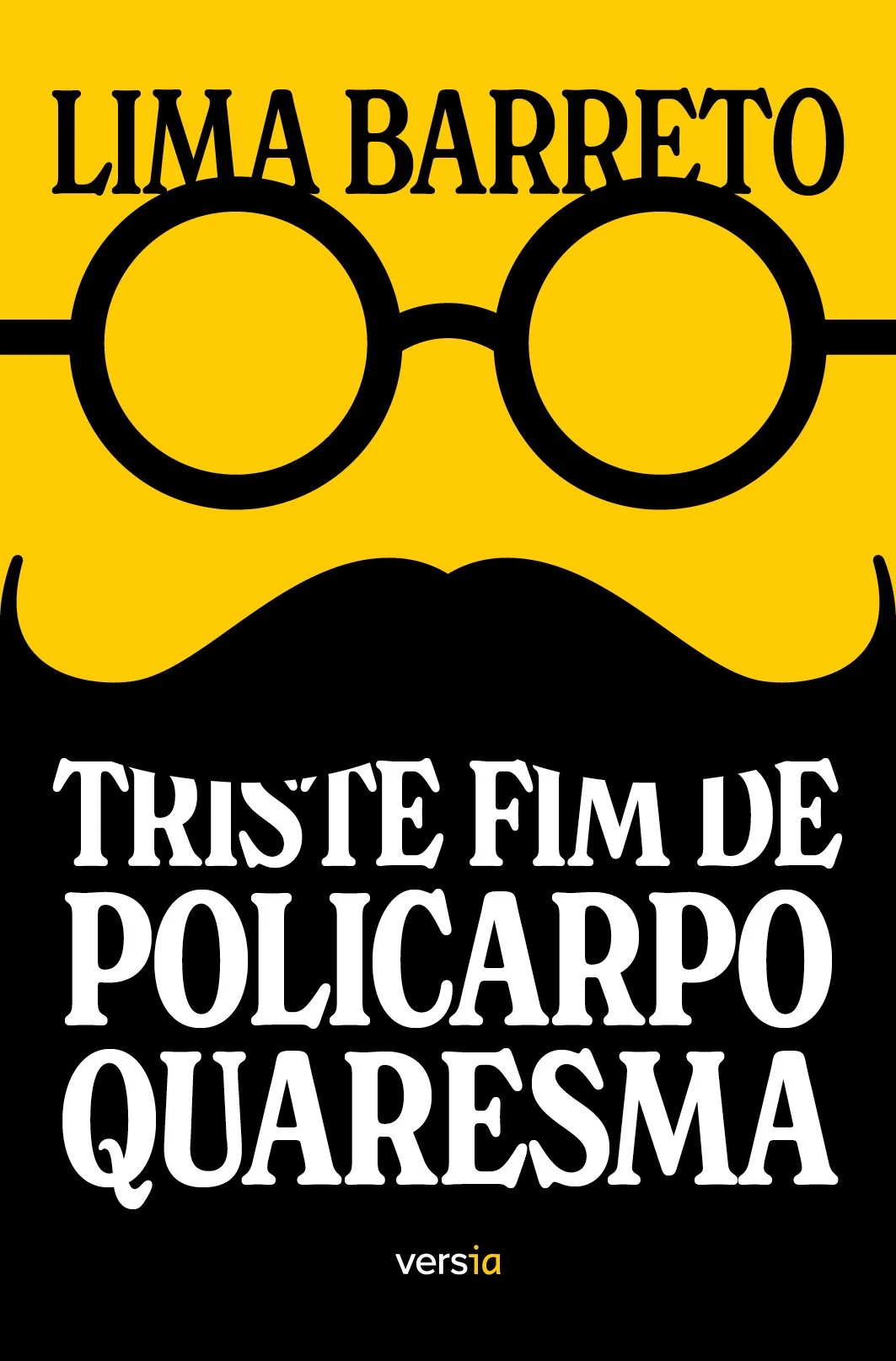 Capa do livro com fundo amarelo e preto, contendo ilustração de óculos e bigode, e o título: "Lima Barreto" e "Triste Fim de Policarpo Quaresma".