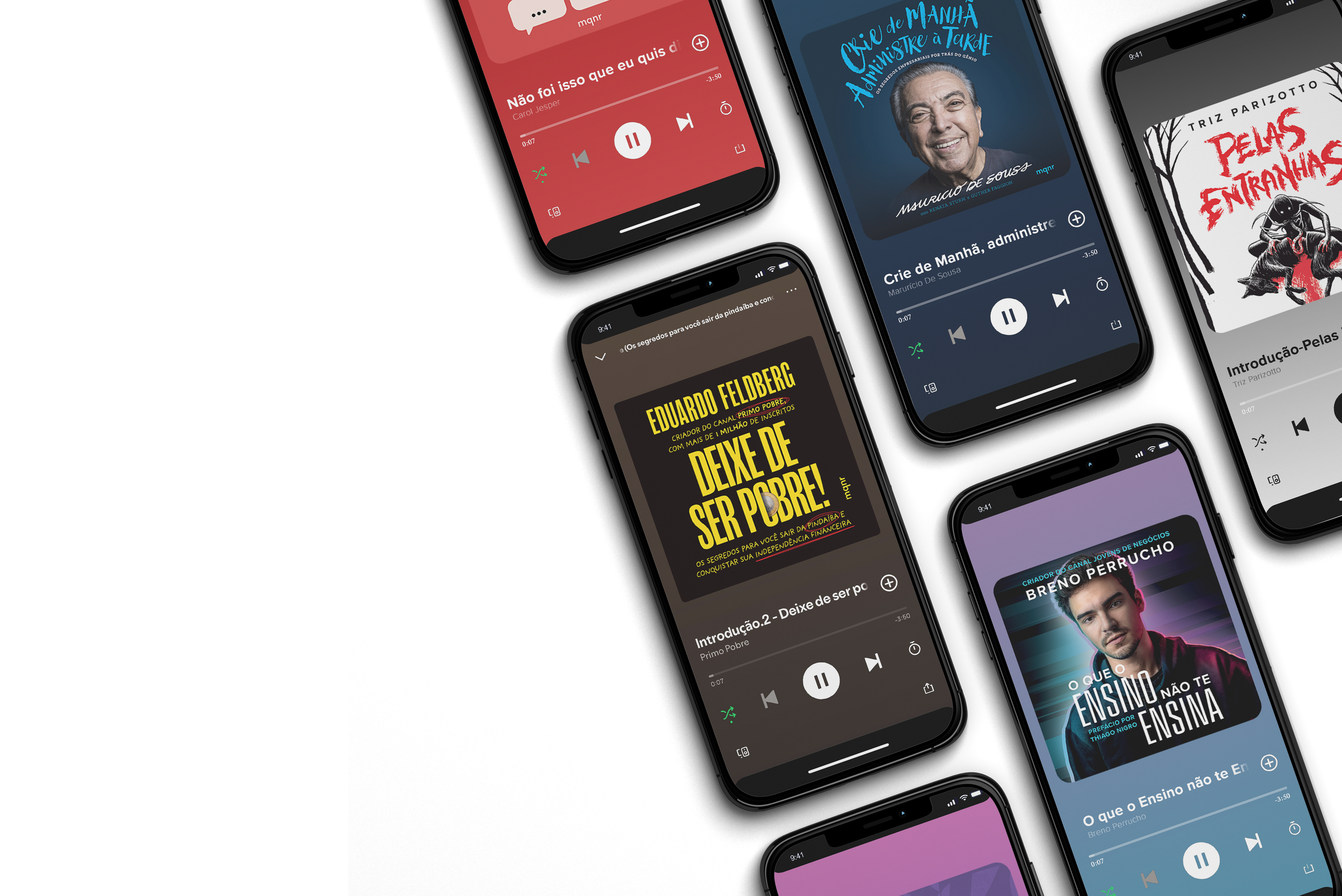 Vários smartphones com telas exibindo aplicativos de música e podcasts, mostrando capas de álbuns e controles de reprodução