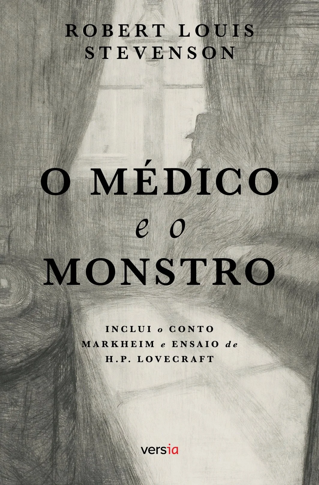 Capa do livro 'O Médico e o Monstro' de Robert Louis Stevenson, com ilustração em tons de cinza de um rosto em perfil perto de uma janela com cortinas. Texto em destaque: título, autor e informações adicionais.