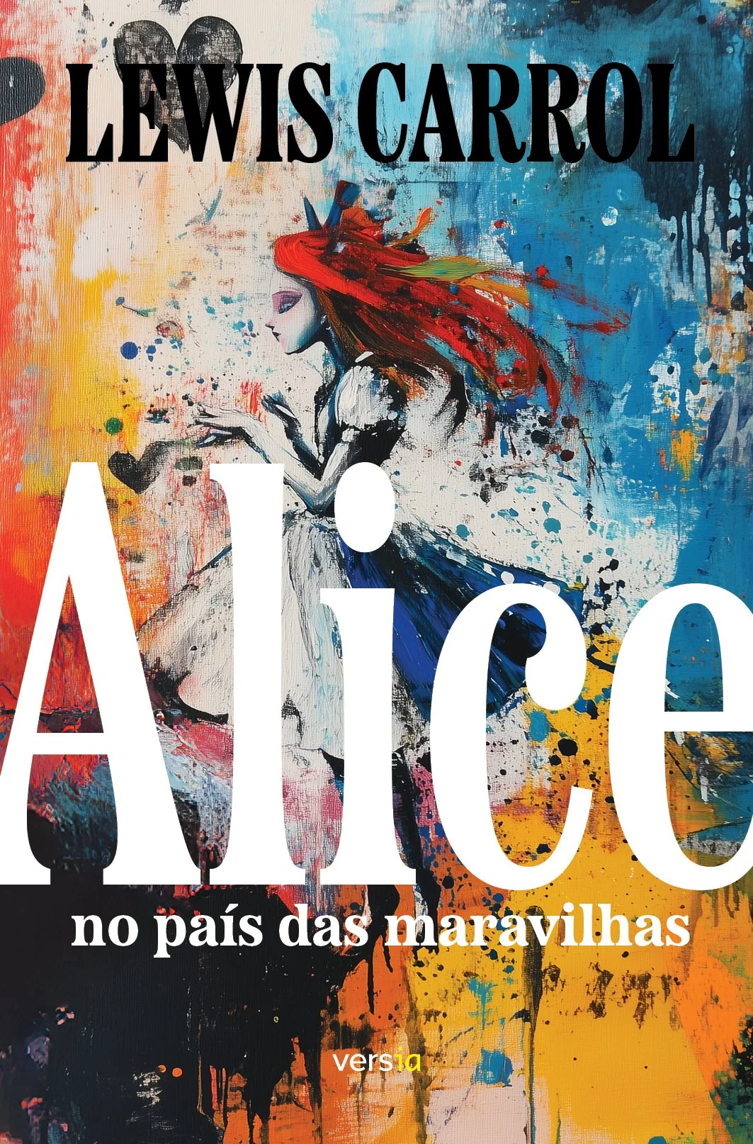 Capa do livro "Alicce no país das maravilhas" de Lewis Carroll, com uma arte colorida e uma figura feminina com cabelo vermelho brilhante, vestida de branco, em meio a uma pintura abstrata