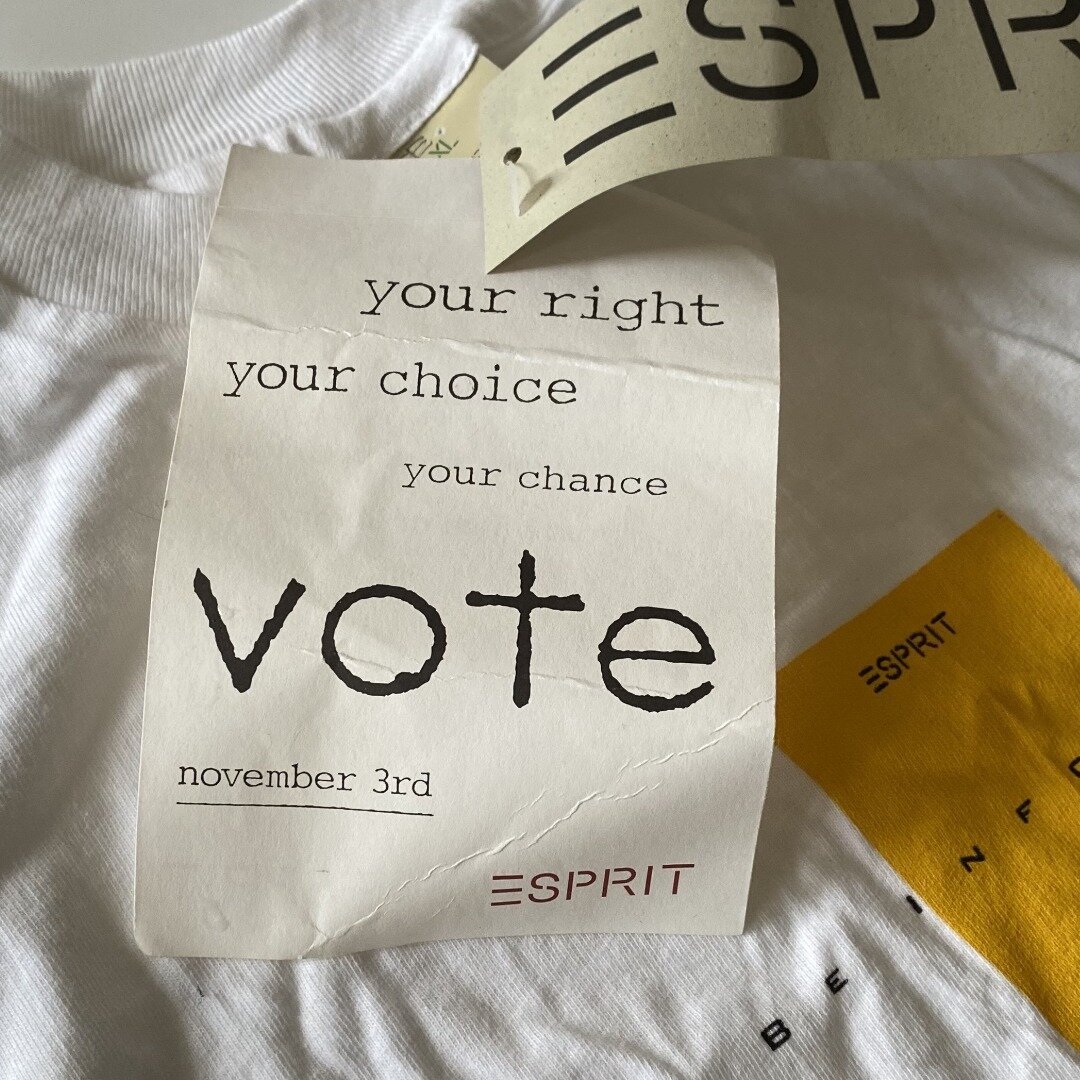 From the archive!
ESPRIT getting out the vote in the 1992 election!  I'm so happy the hangtag survived! 🗳️🇺🇸 Happy Election Day!

Hangtag text:
Your right &bull; Your choice &bull; Your chance &bull; Vote &bull; November 3

T-shirt text:
BE INFORM