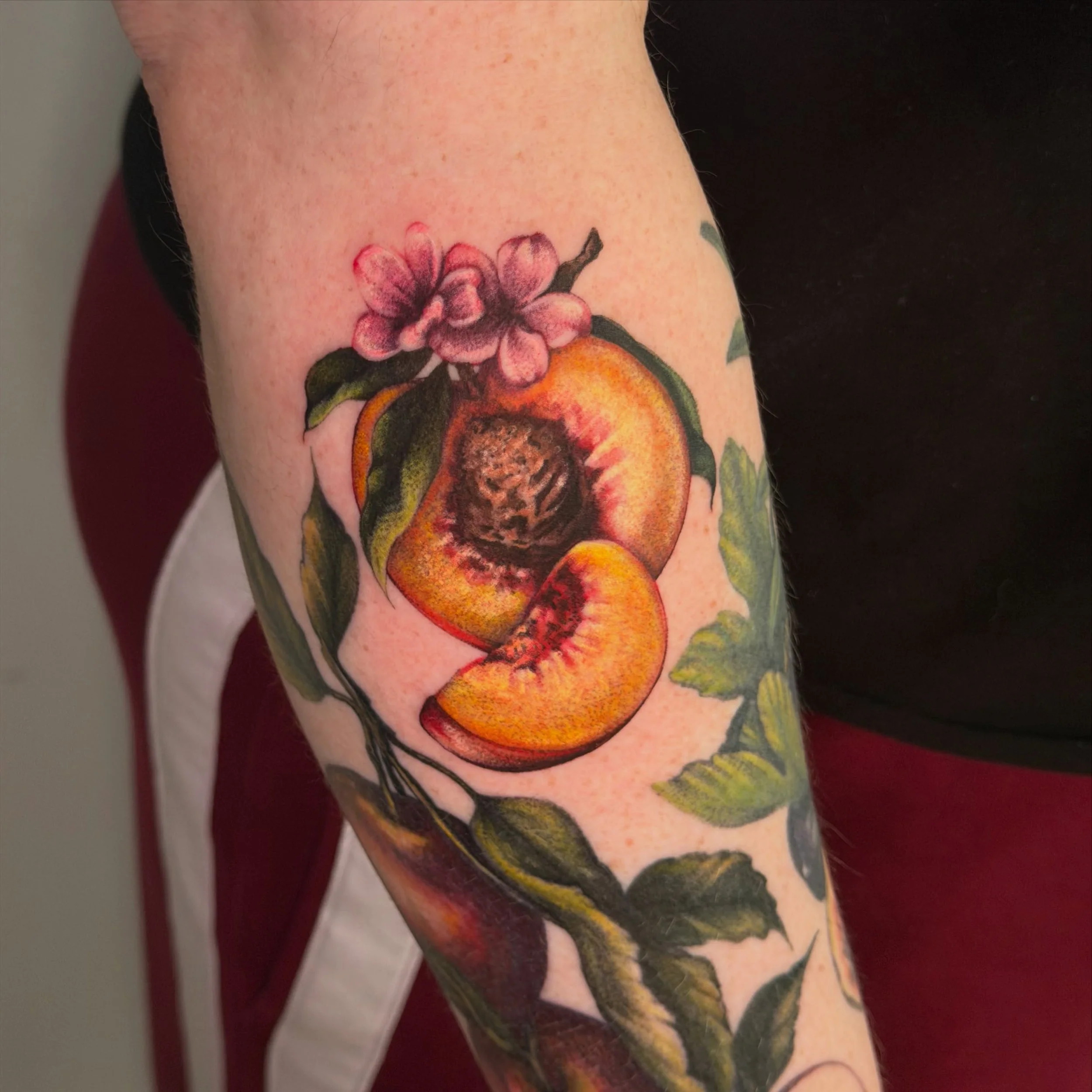 in case anyone is wondering peaches are in season right now 🫶🏻 🍑 

** little hint of healed apples and figs as well!

thank you so much meg, can&rsquo;t wait to add more fruits! 🍎 

&hellip;

@evergreenstudios.chicago 

&hellip;

#tattooartist #c