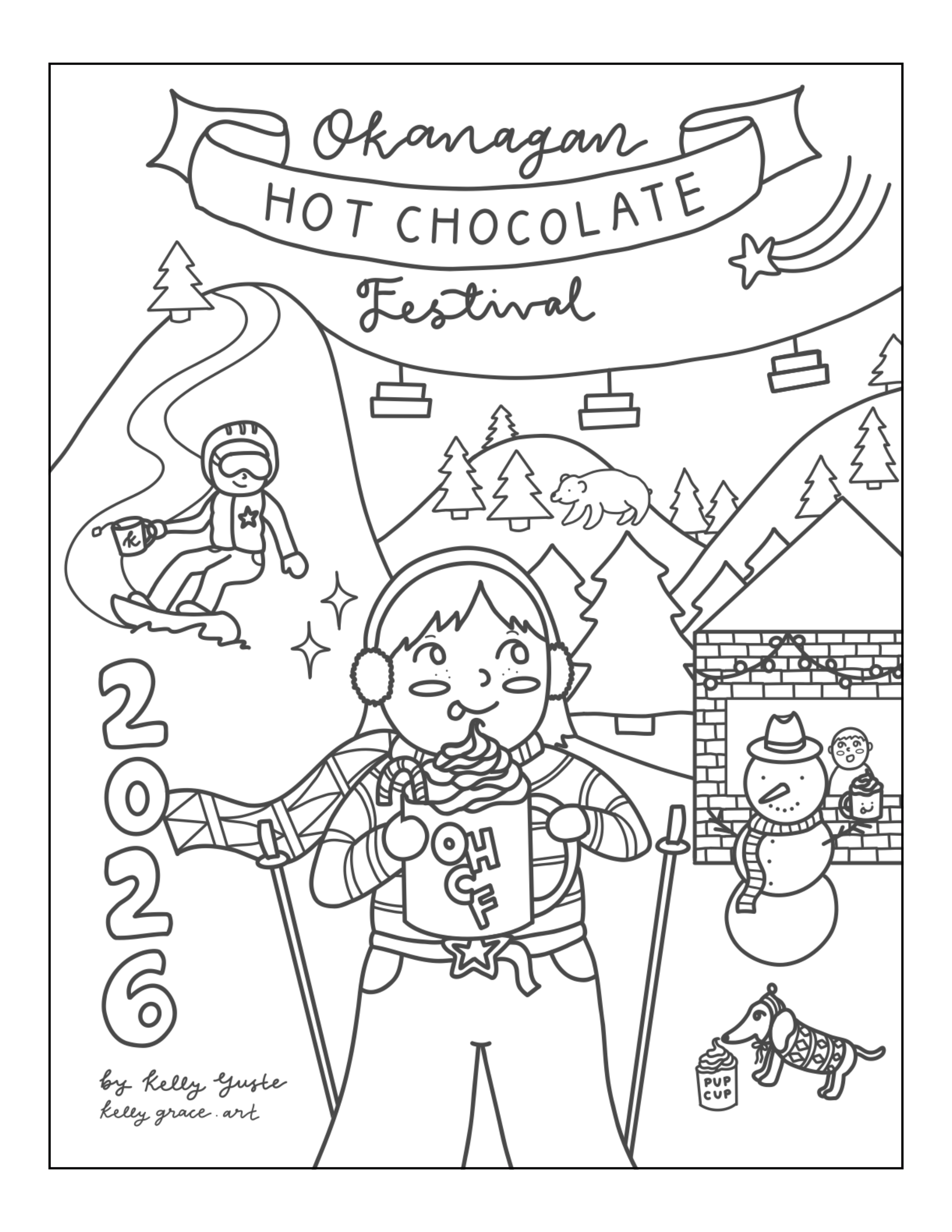 Coloring page with the phrase "Hooray for hot chocolate season!" surrounded by illustrations of mugs filled with hot chocolate topped with whipped cream and marshmallows, candy canes, and holiday-themed decorations.