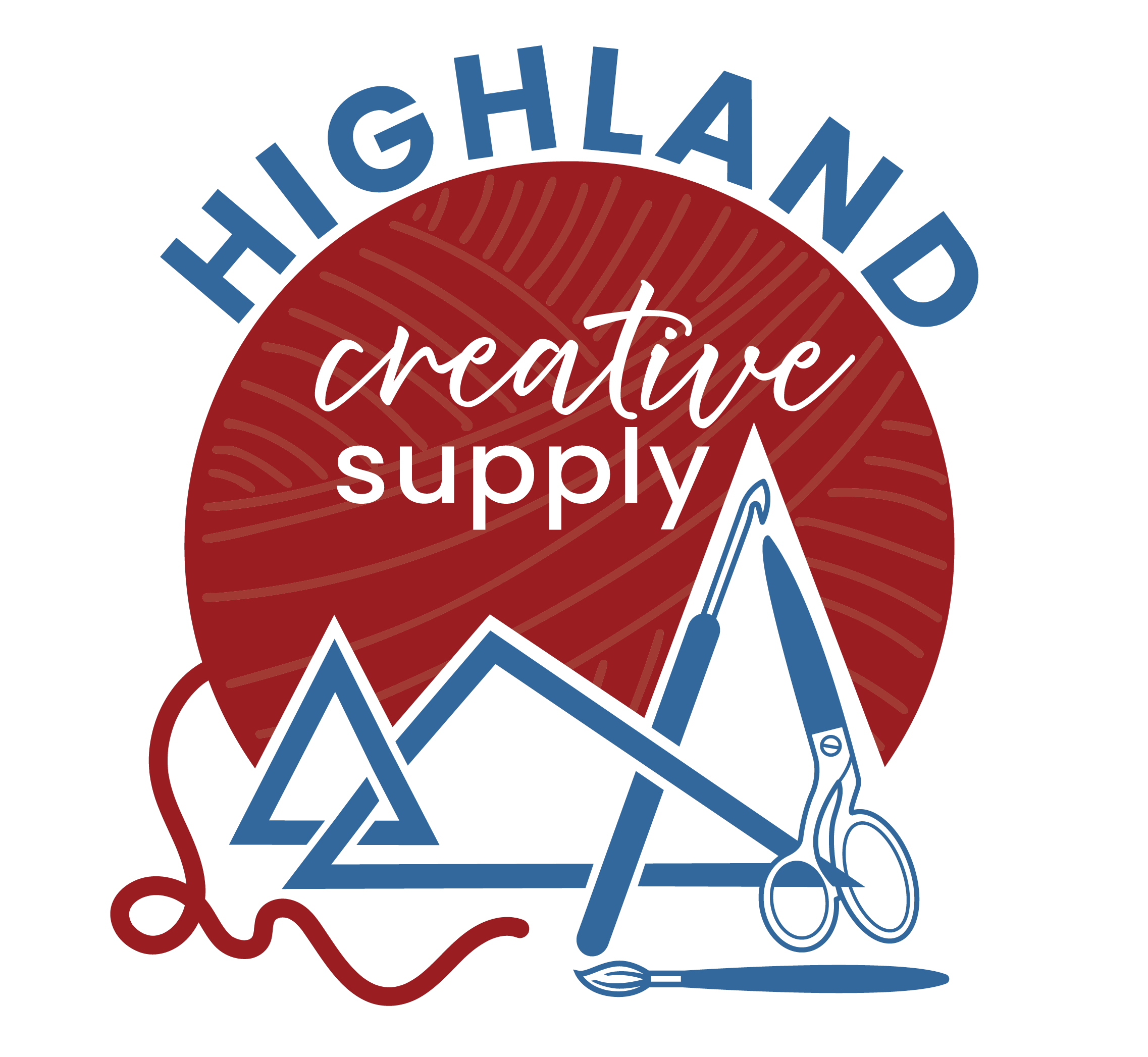 Logo for Highland Creative Supply featuring mountains, scissors, and yarn with text in a circular design.