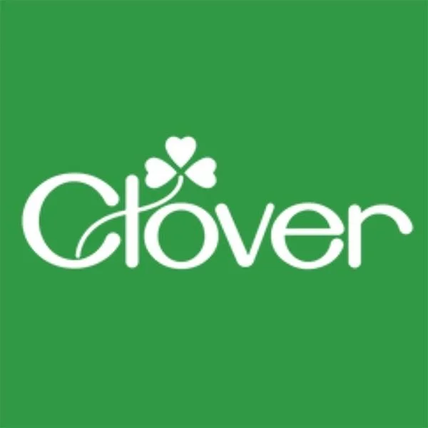 Green background with white text reading 'Clover' and a three-leaf clover icon with heart-shaped leaves above the text.