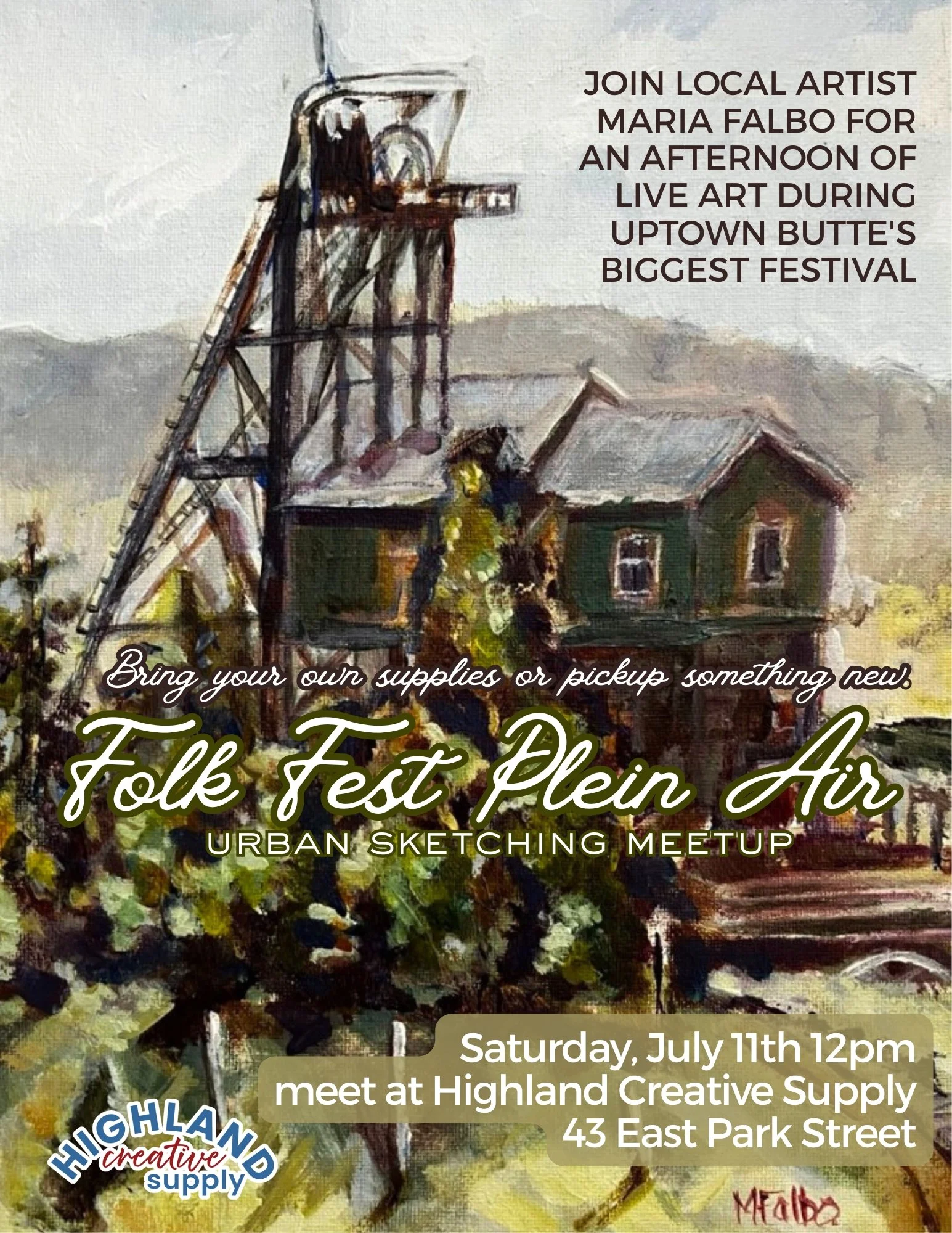 Art Meetup Butte Montana Poster with headframe for the Montana Folk Festival