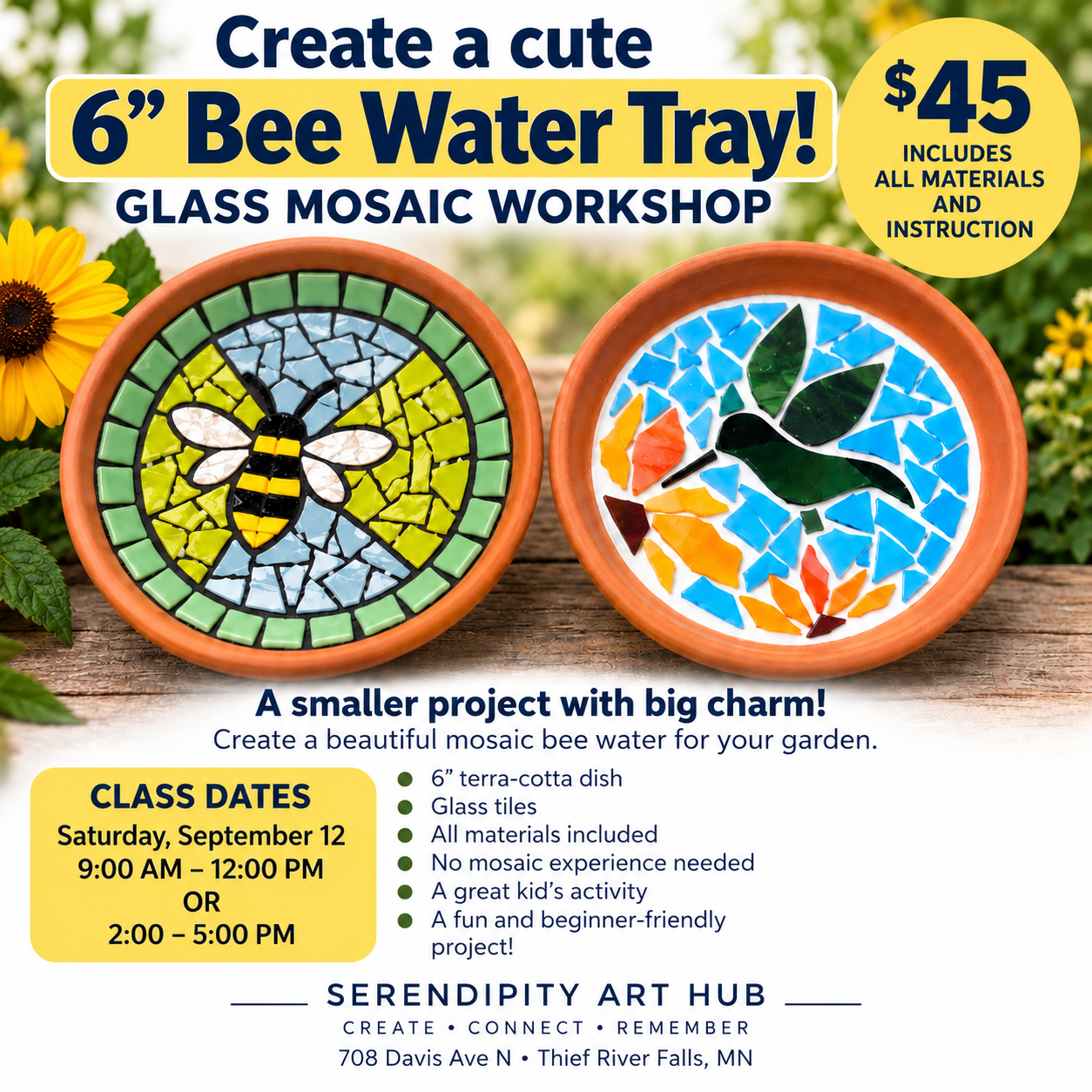 6" Glass Mosaic Bee Watering Tray: Saturday, September 12 9:00-12:00