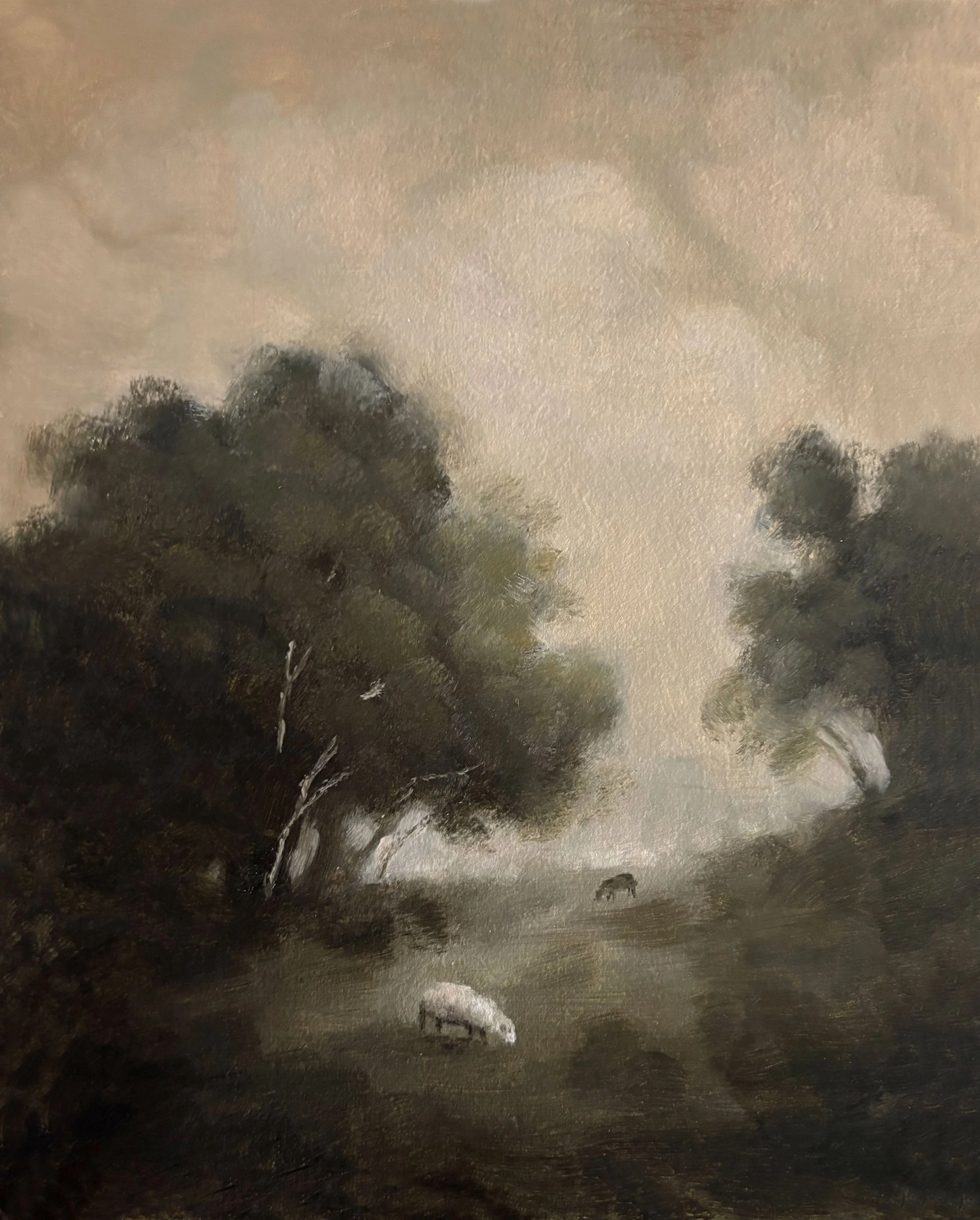 A landscape painting depicting dark trees, a grazing animal, and overcast sky, with muted earthy tones.
