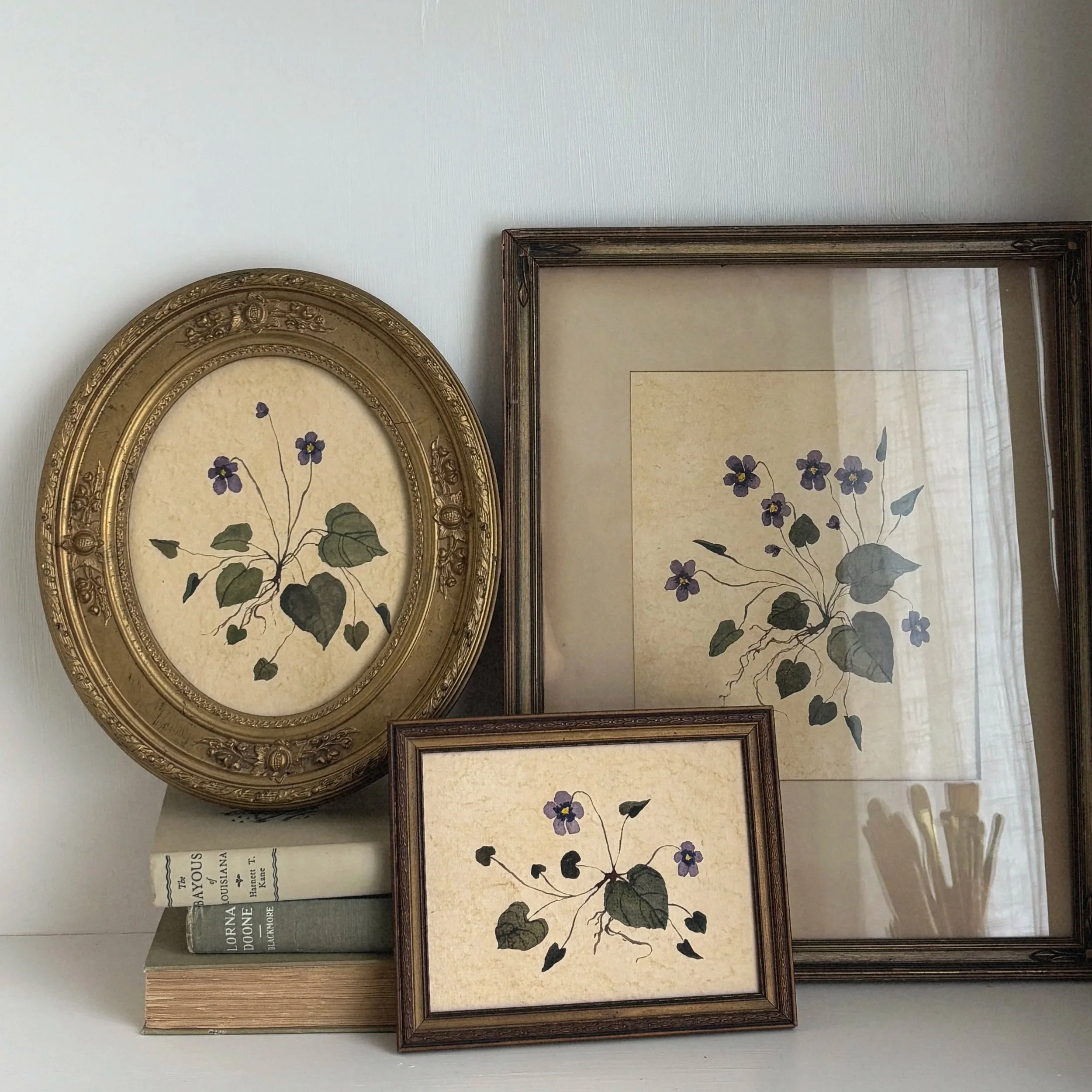 A display of framed botanical artwork featuring violets and green leaves, alongside several books on a white surface.