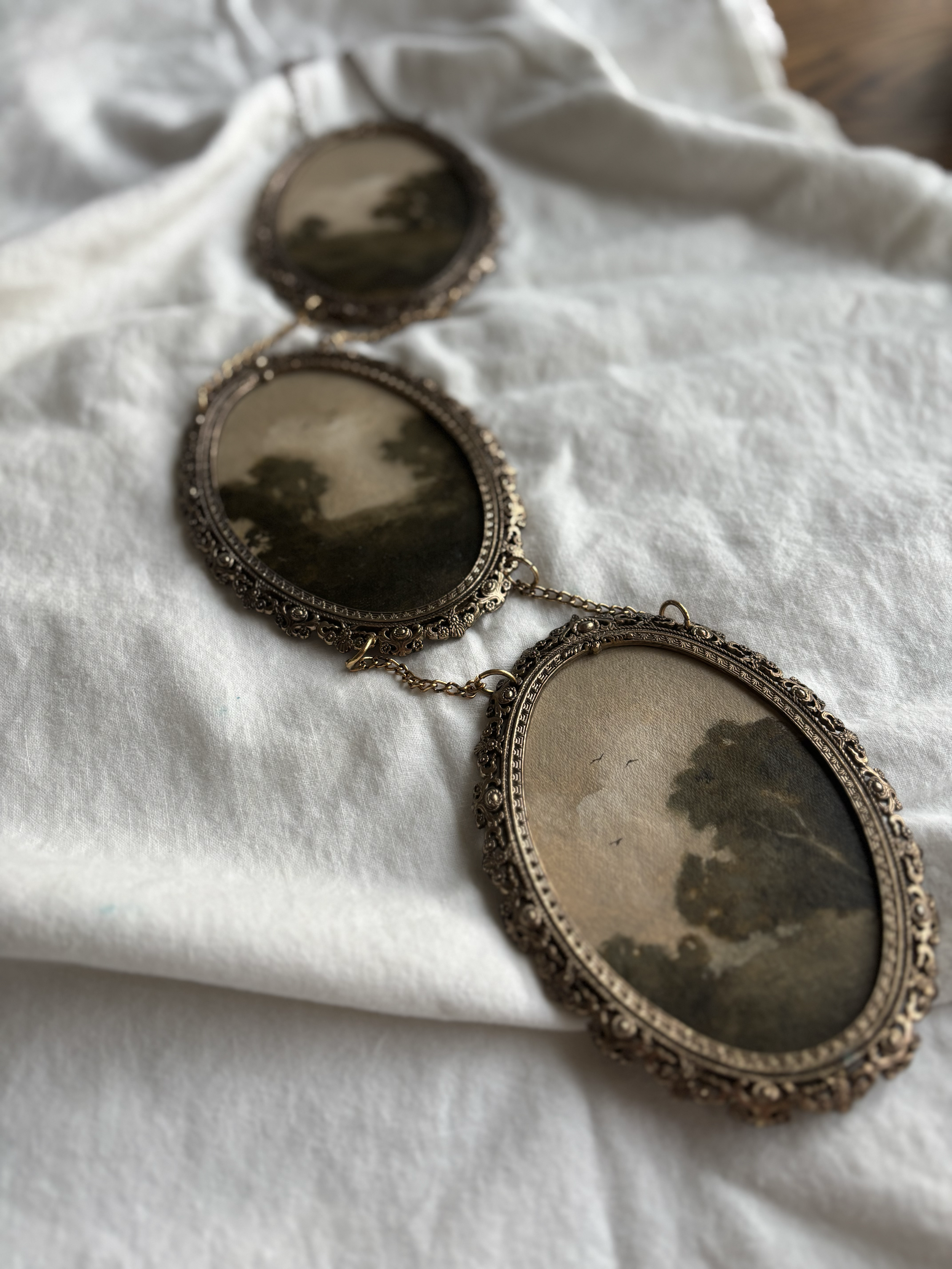 An antique frame, reflecting a landscape scene with trees and sky, lying on a white fabric surface. Frame oops