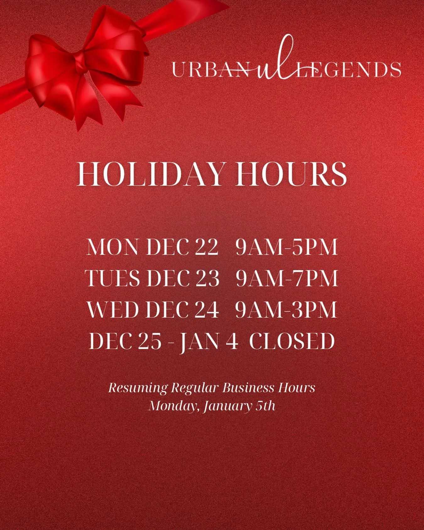 Holiday Hours at UL 🎄

Mon Dec 22 - 9am-5pm
Tues Dec 23 - 9am-7pm
Wed Dec 24 - 9am-3pm

CLOSED between Dec 25 and Jan 4

Resuming regular business hours Monday, January 5th.