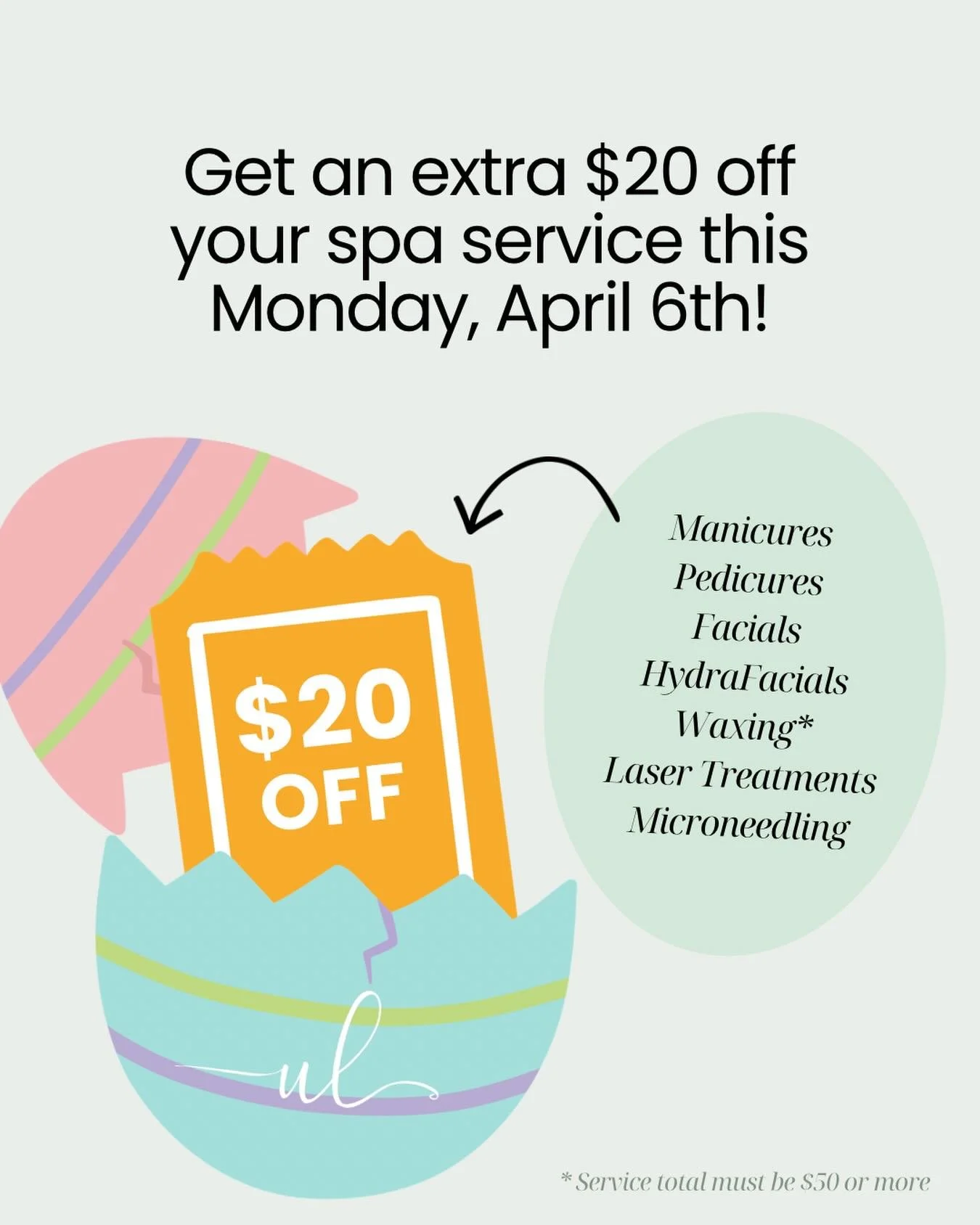 The Easter Bunny is on its way and dropping off coupons to use! 🐇🌷

Get $20 OFF your spa service this Monday, April 6th.

Limited spots available, so make sure to book in asap for your spring pampering. 🌸