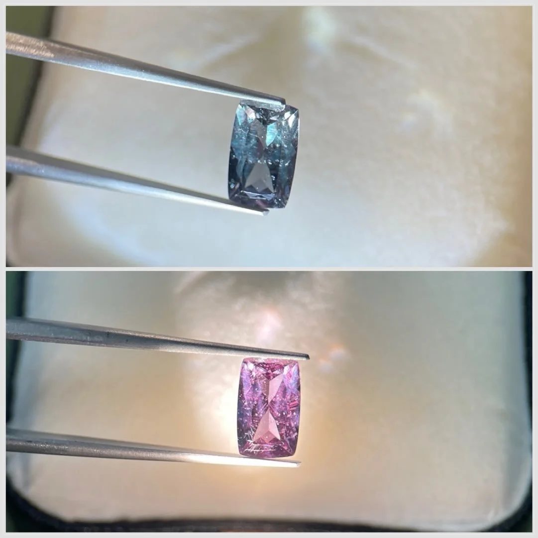 A gem that refuses to be just one thing 💜💙

This 1.75ct cushion-cut color change garnet shifts effortlessly from a mesmerizing blue-green in daylight to a rich, romantic purple under evening light. Natural, rare, and endlessly captivating&mdash;it&