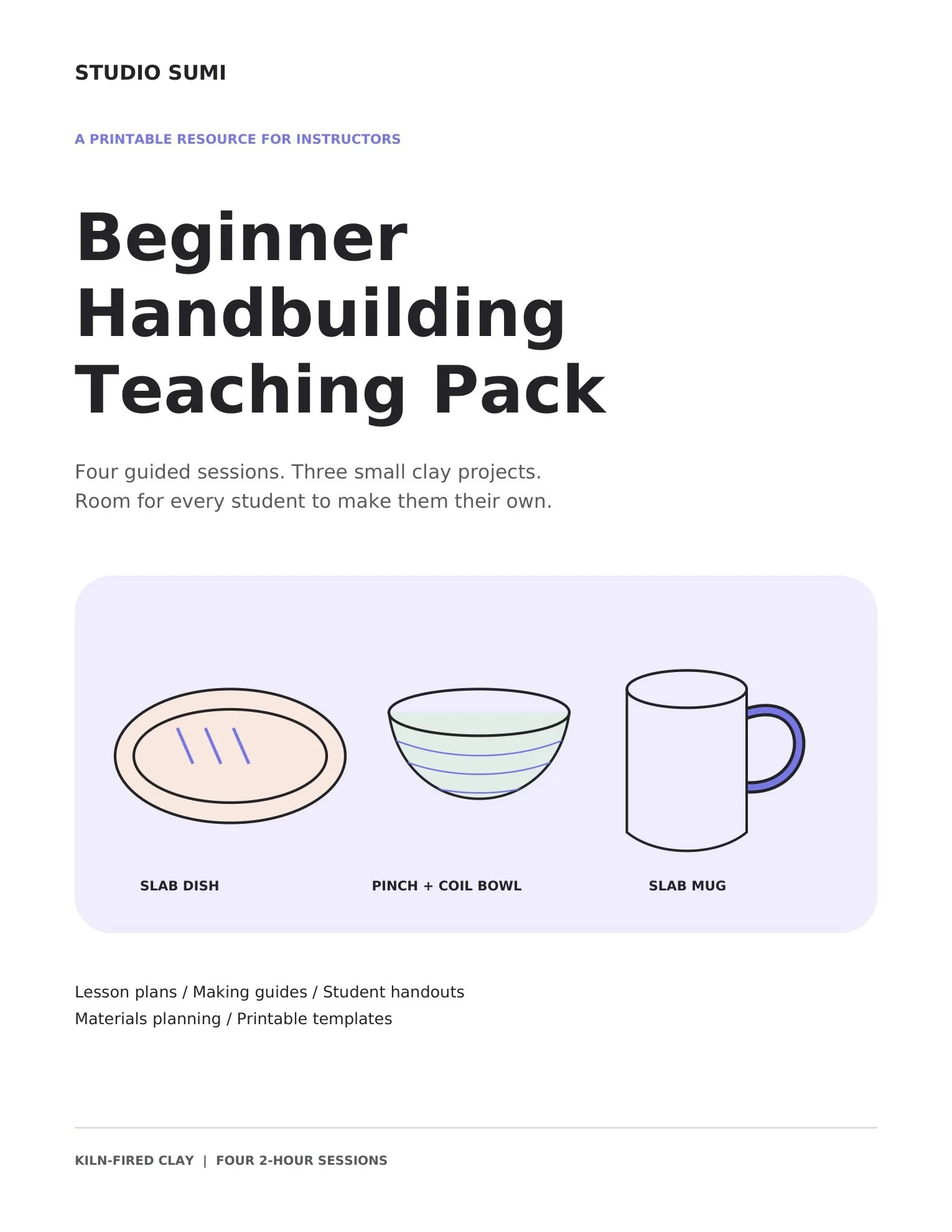 Cover of Studio Sumi Beginner Handbuilding Teaching Pack with an illustrated dish, bowl, and mug.