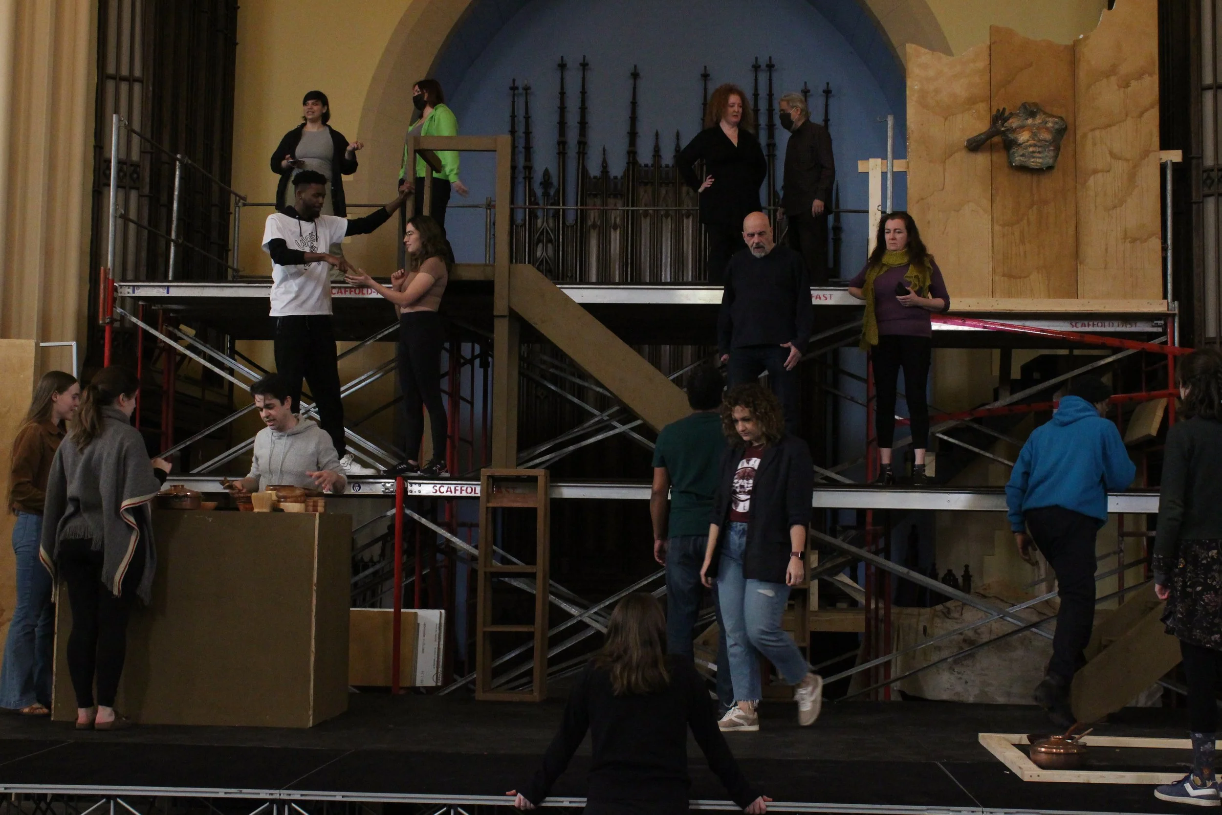 The cast of Harmonia exploring the set for the first time. I have a small fear of heights so I had to learn to get comfortable, especially on the the eight foot level.