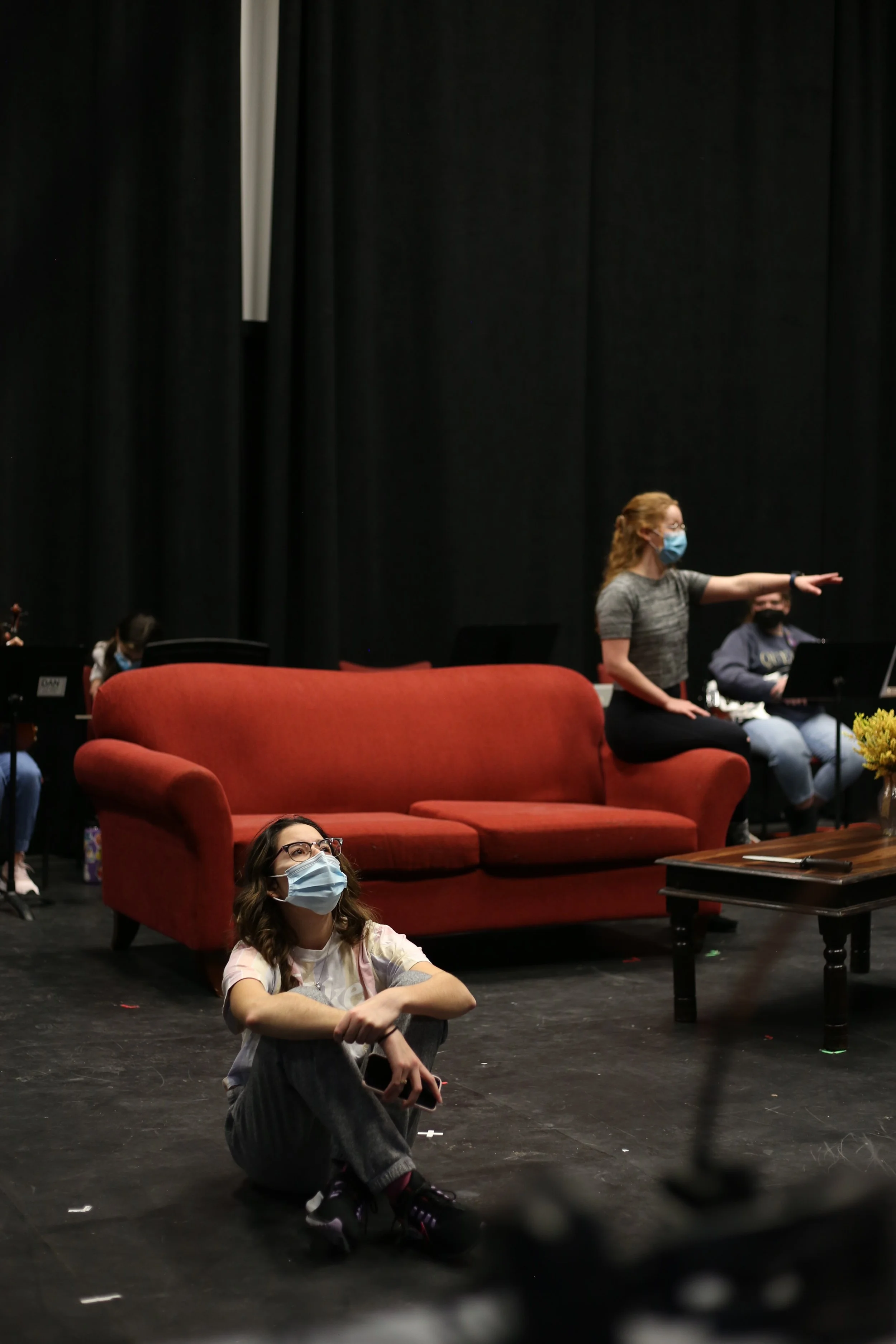 Working through blocking in rehearsal at the Rotunda Theatre in Theological Hall.