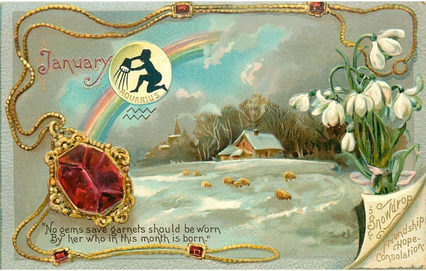 Victorian postcard for January featuring a large garnet pendant and an Aquarius symbol over a snowy landscape with a cottage, sheep, and a rainbow.