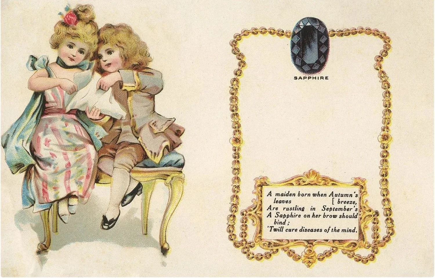 vintage postcard depicting a pair of children on the left and a poem about the September birthstone, sapphire, on the right.
