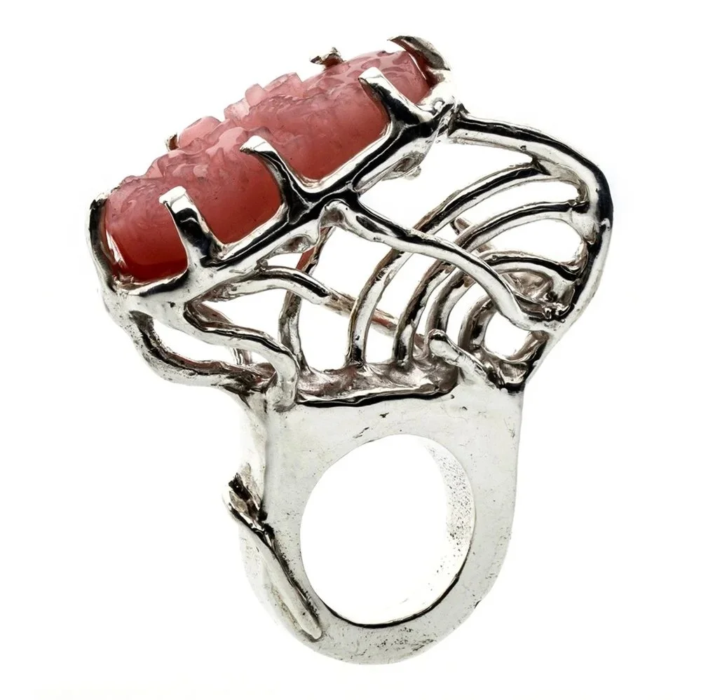Huge recycled silver ring with undulating curvaceous design and large cat eye rose quartz.