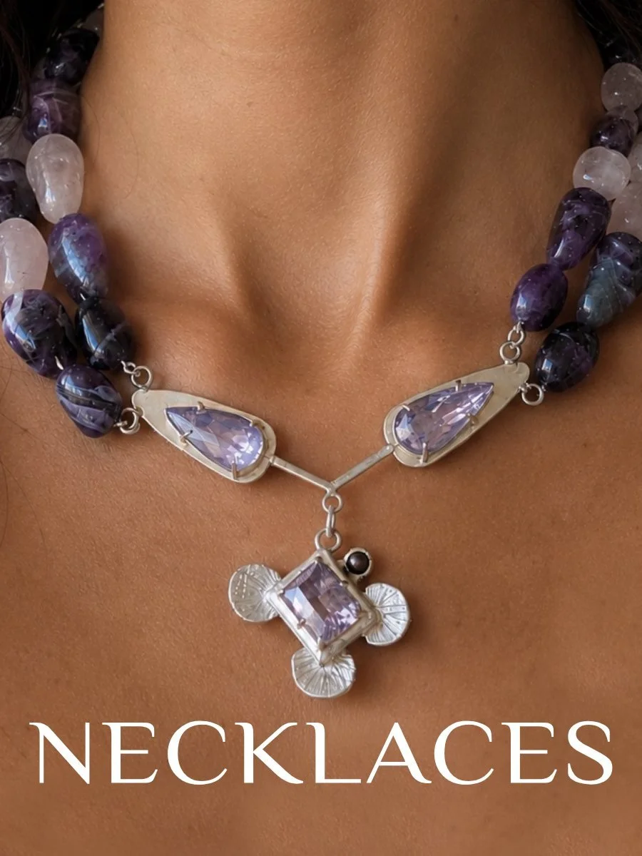 Shop one of a kind statement necklaces of varied styles and lengths including chokers, pendants and matinee. Handmade by Malki Studio artists using responsibly sourced precious metals, gemstones and ceramic.