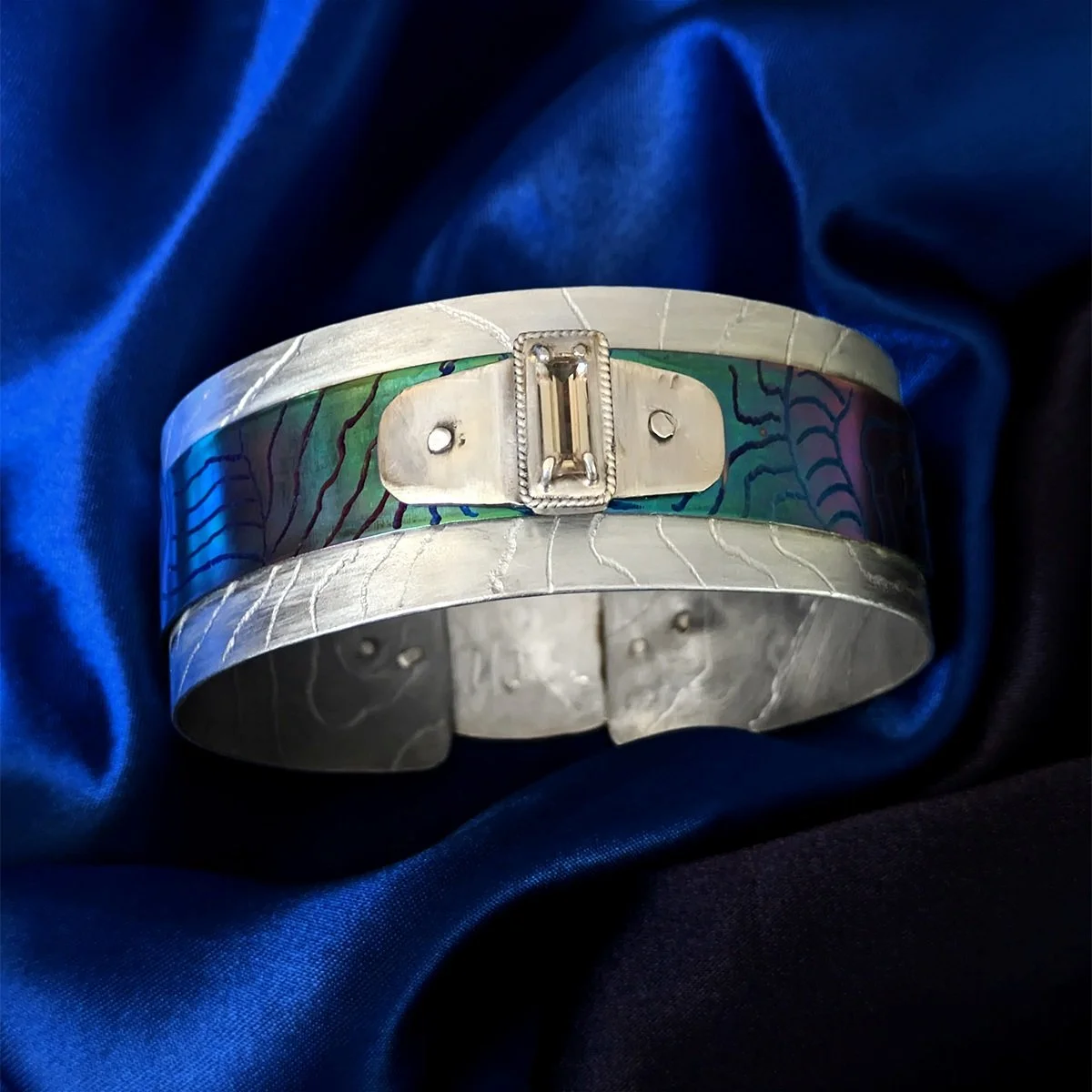 Path Brangle Font - Diaspore Gemstone and Titanium Bracelet.jpg