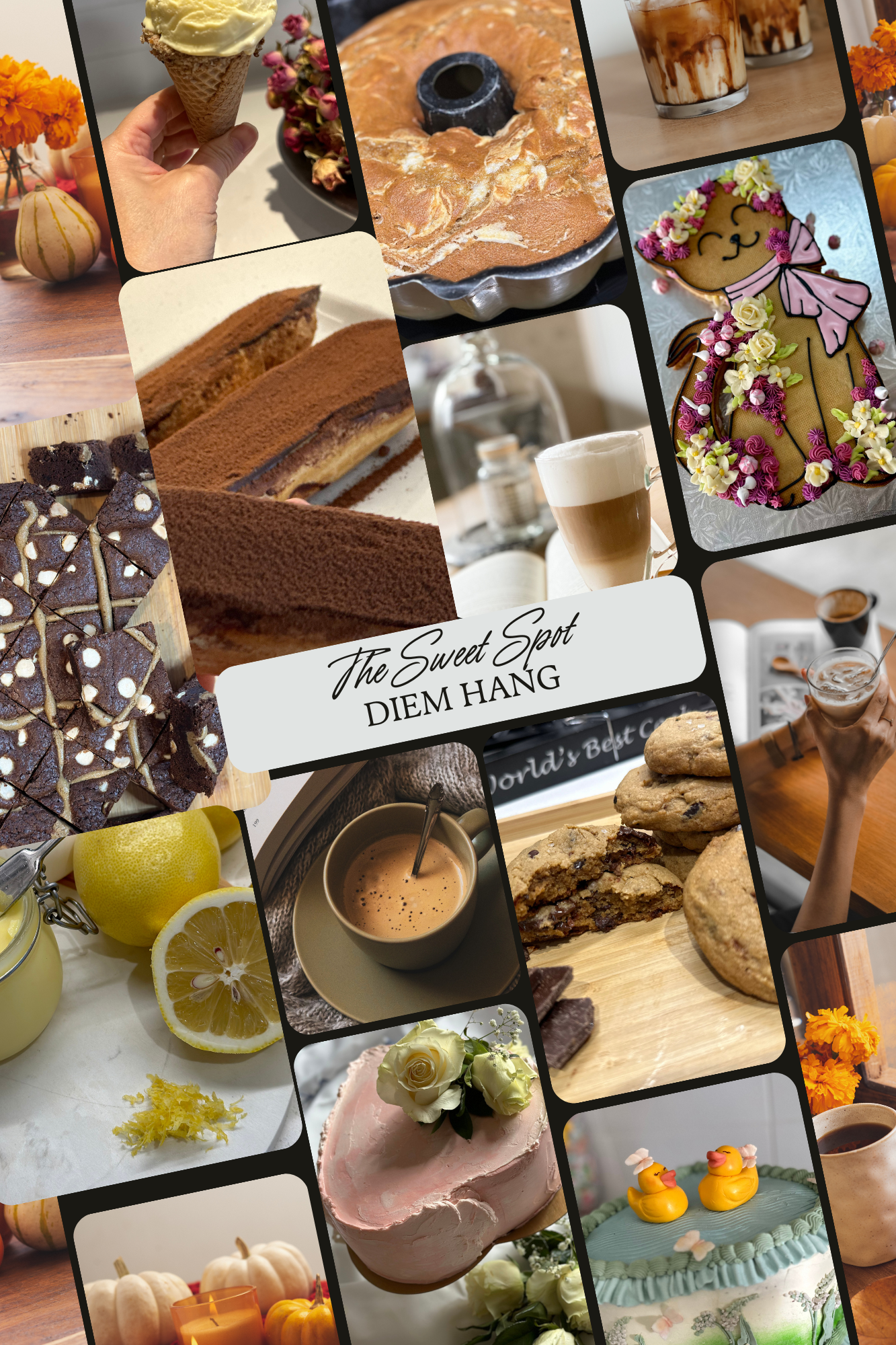 Collage of desserts, coffee, and drinks with fall decorations, including pumpkin-shaped treats, a cat-shaped cookie decorated with flowers, and a lemon and lemon curd, with the text 'The Sweet Spot DIEM HANG' in the center.