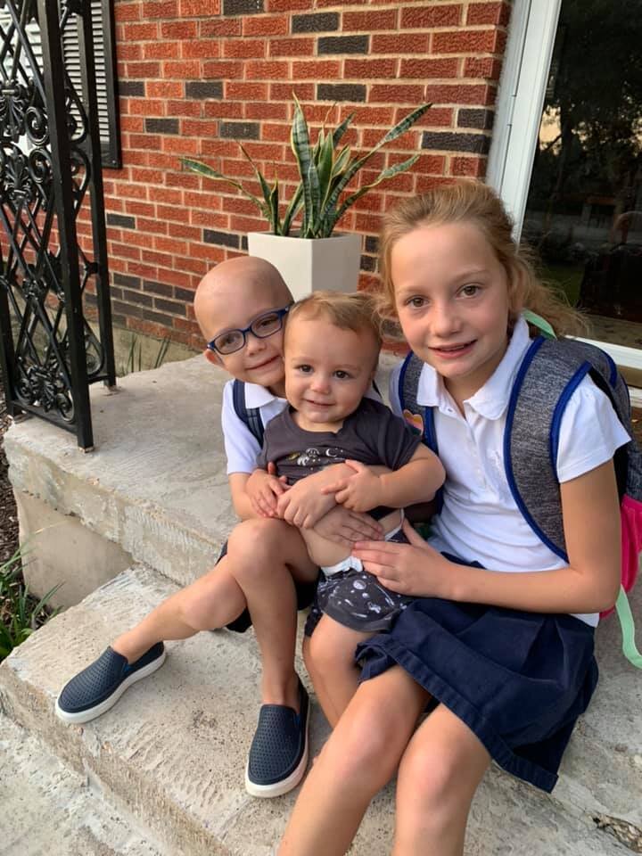 First day of first grade (a week late). Sam was able to travel back and forth from NYC to Dallas and attend school with his friends in between treatment. Sam loved being able to go to school and come home and show us what he learned.