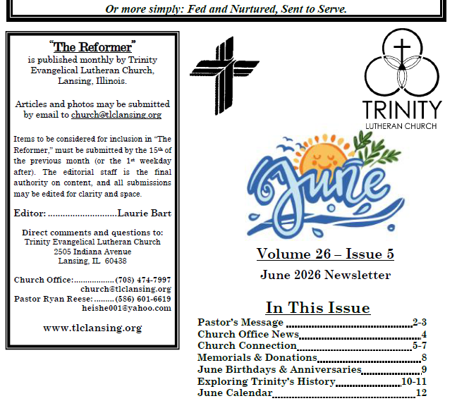 Trinity Lutheran Church's June 2026 Newsletter The Reformer