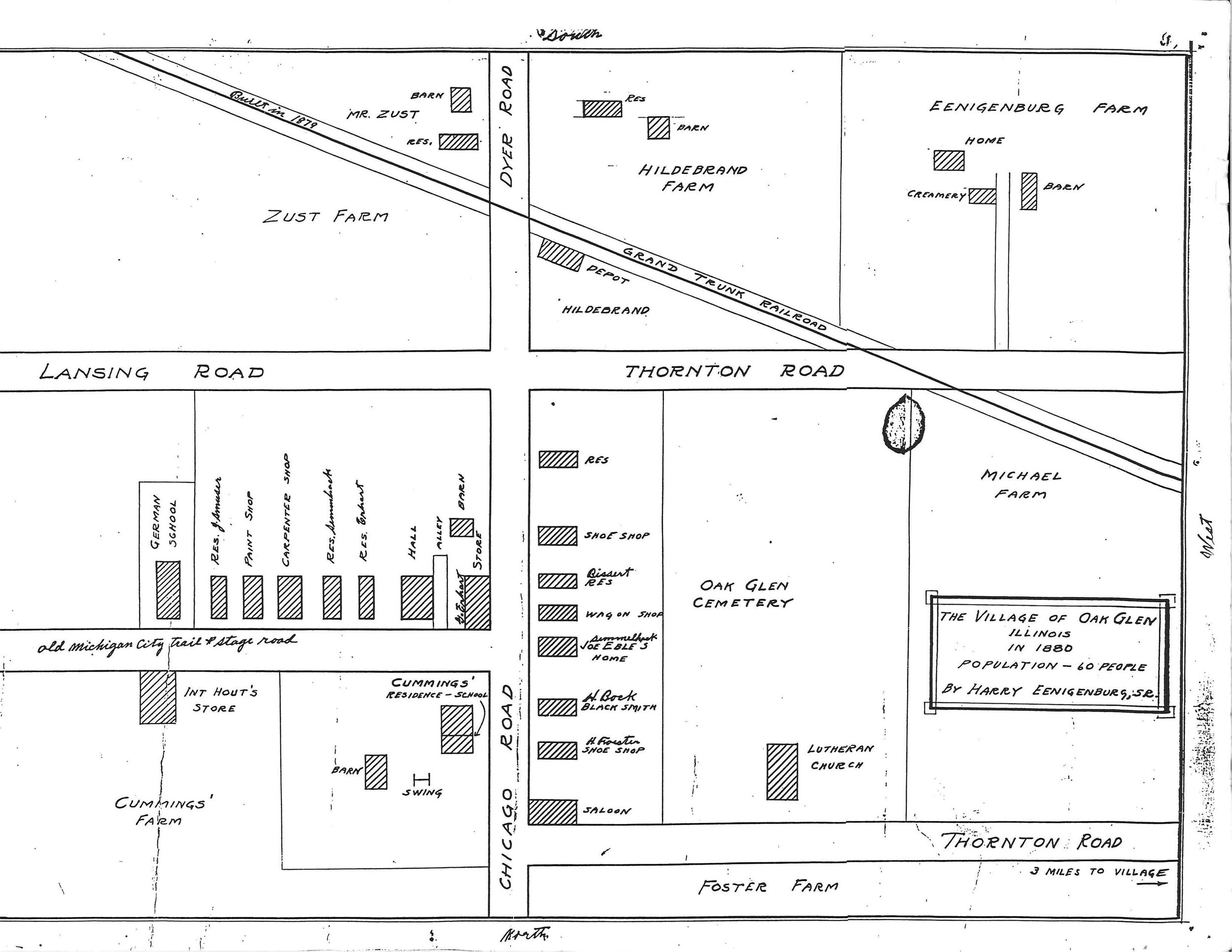 1880 hand drawn map of The Village of Oak Glen, 1880
