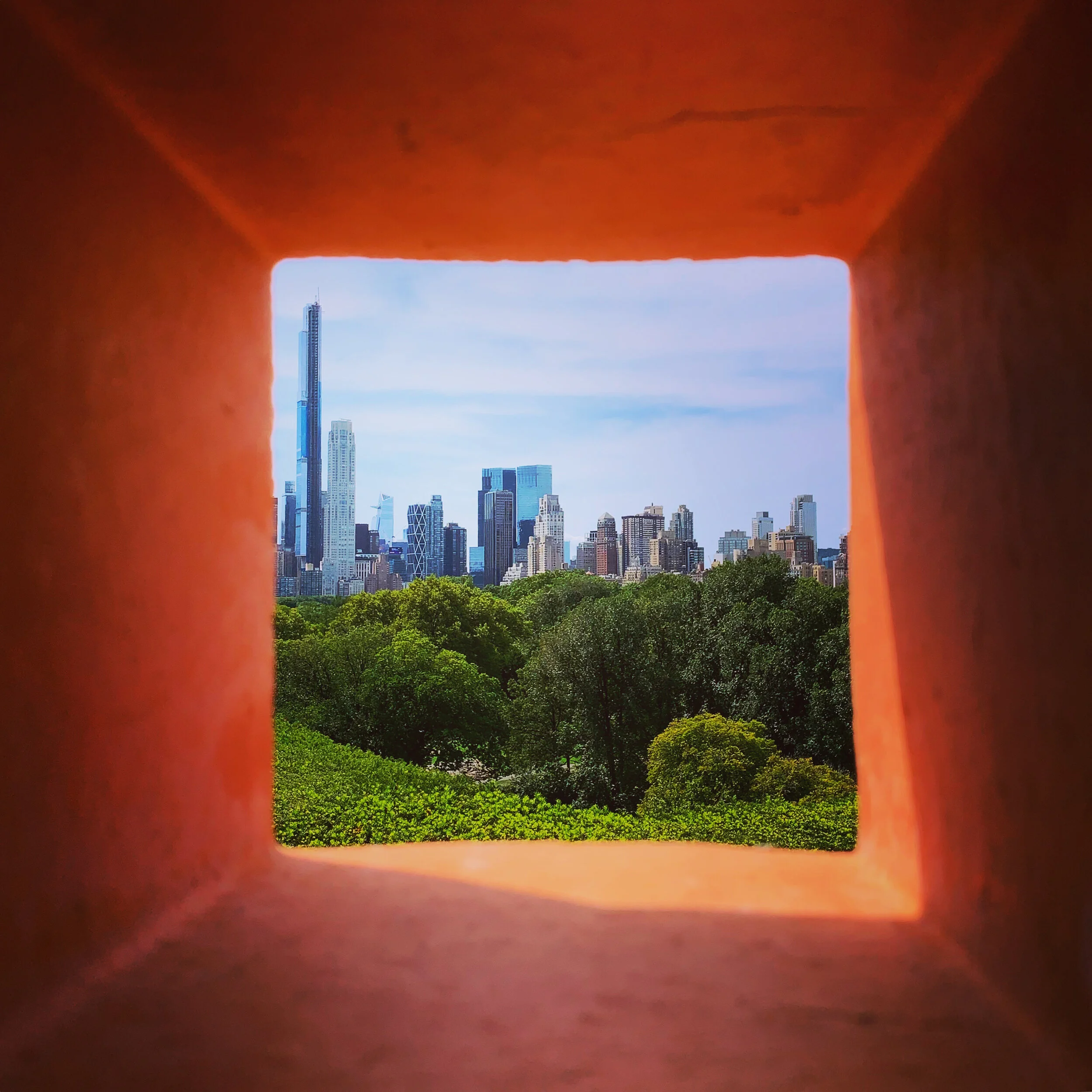 NEW YORK, NY - SEPTEMBER 7, 2020: Manhattan, through Héctor Zamora’s Lattice Detour atop The Metropolitan Museum of Art.