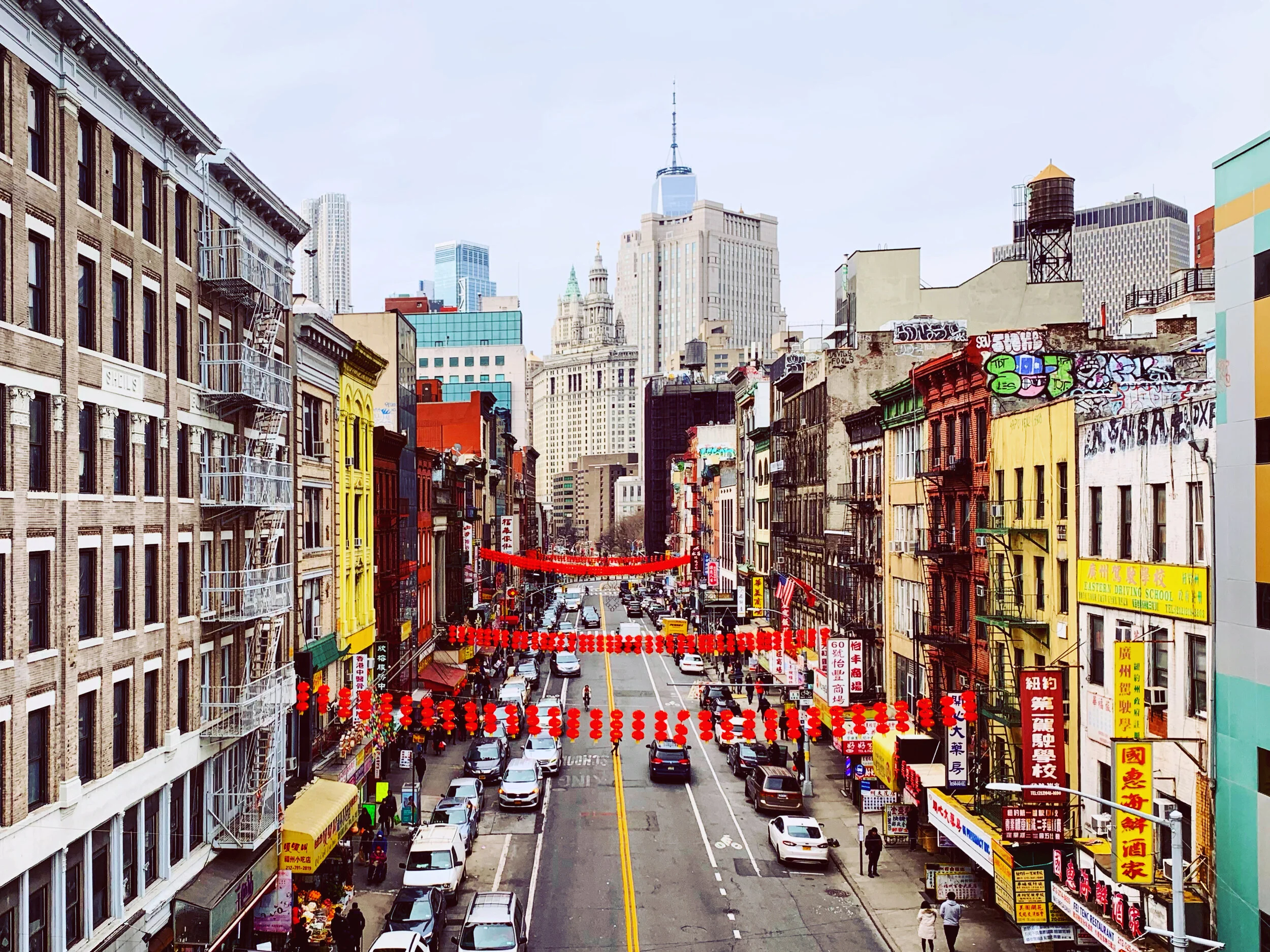 NEW YORK, NY - FEBRUARY 16, 2020: Red lanterns to celebrate Chinese New Year above East Broadway in New York City’s Chinatown.