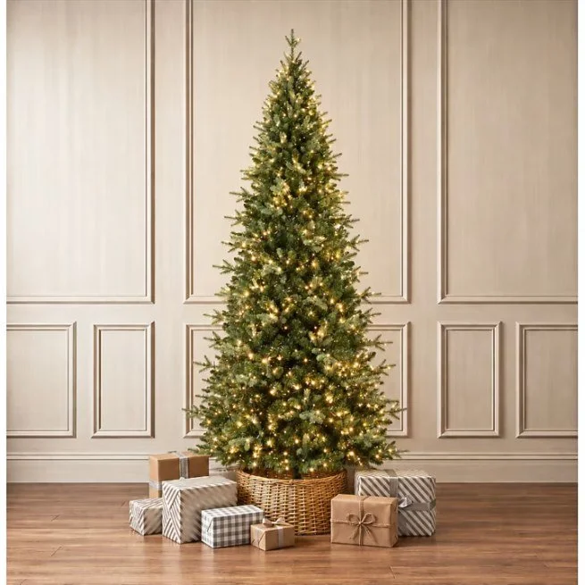 Holiday Living Kensington Pine Slim 7.5 ft pre-lit Christmas tree in a woven tree collar