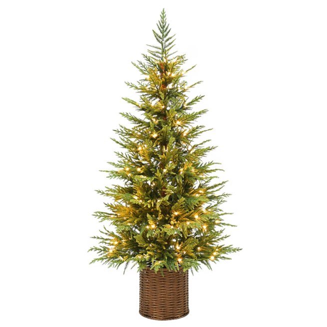 Holiday Living Tyler Pine 4 ft potted pre-lit Christmas tree in a woven basket